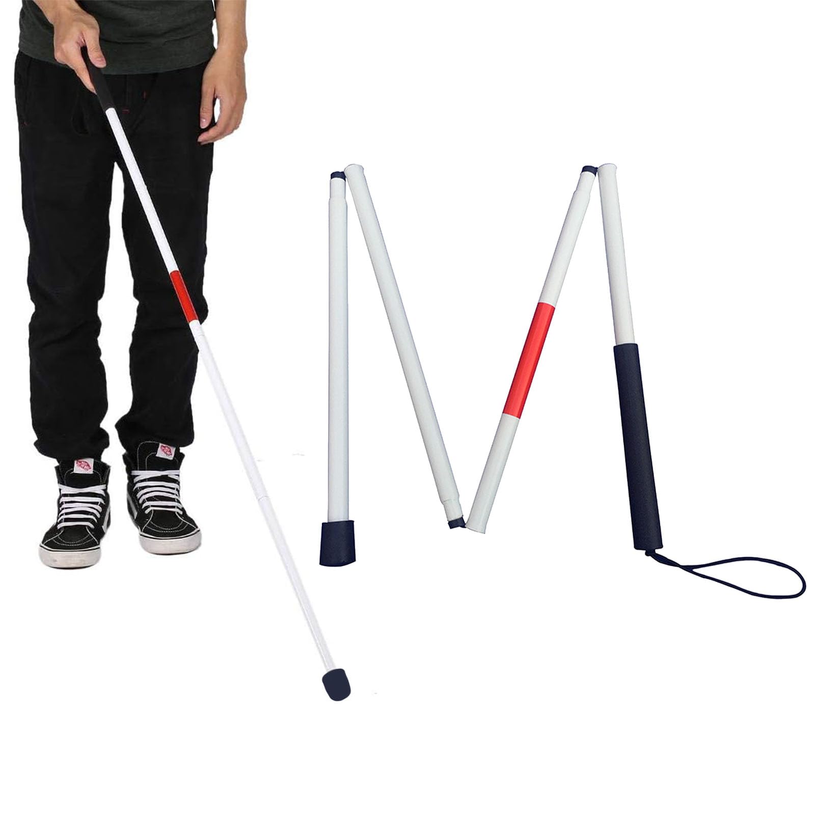 Adjustable Folding Walking Cane for Visually Impaired & Elderly - 4-Section Lightweight Aluminum Blind Stick with Reflective Safety Design | Indoor/Outdoor Mobility Aid for Daily Use, Travel & Hiking