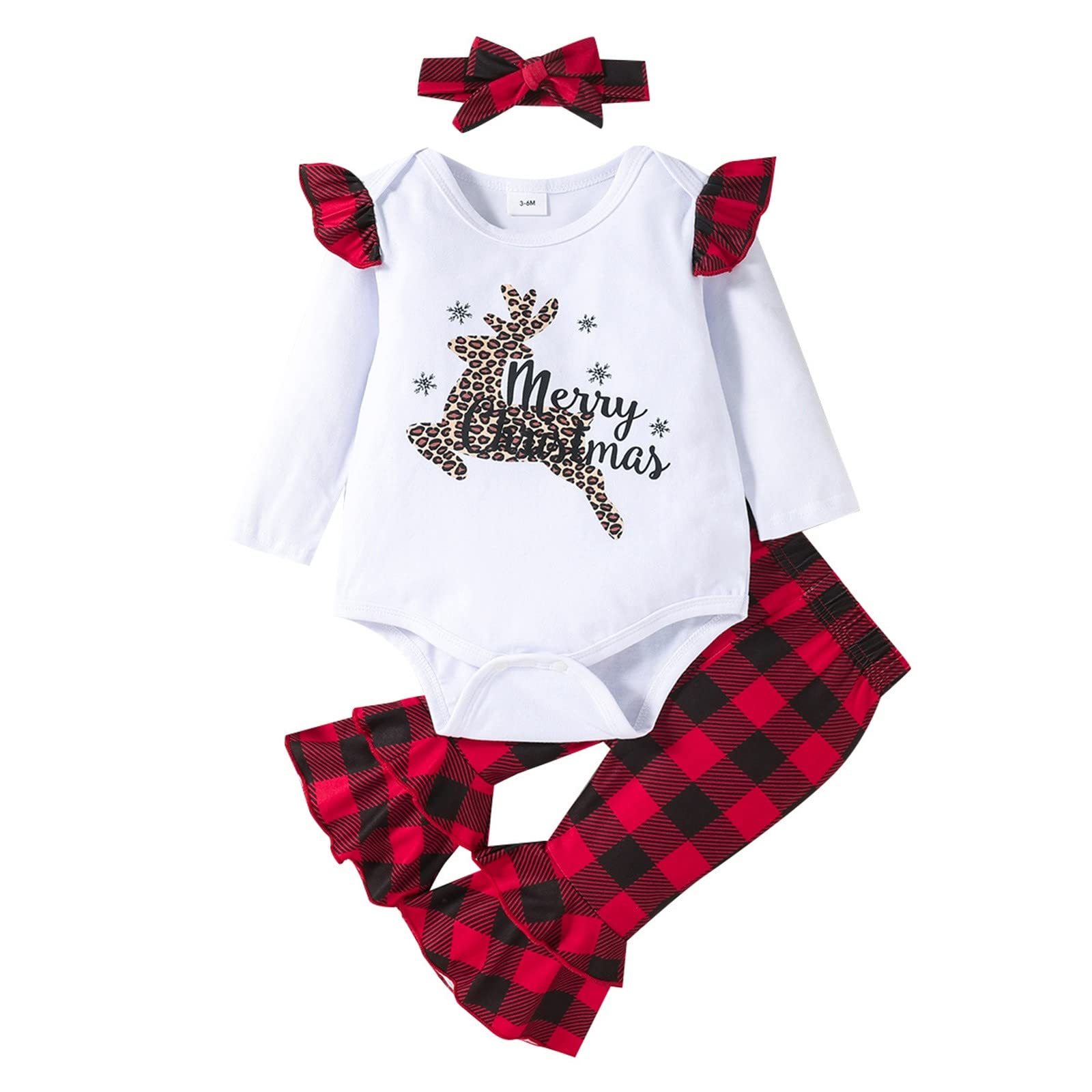 Christmas Baby Girls Outfit - Cute Cartoon Long Sleeve Romper & Plaid Pants Set with Headband | Holiday Photoshoot, Family Gathering, Xmas Party