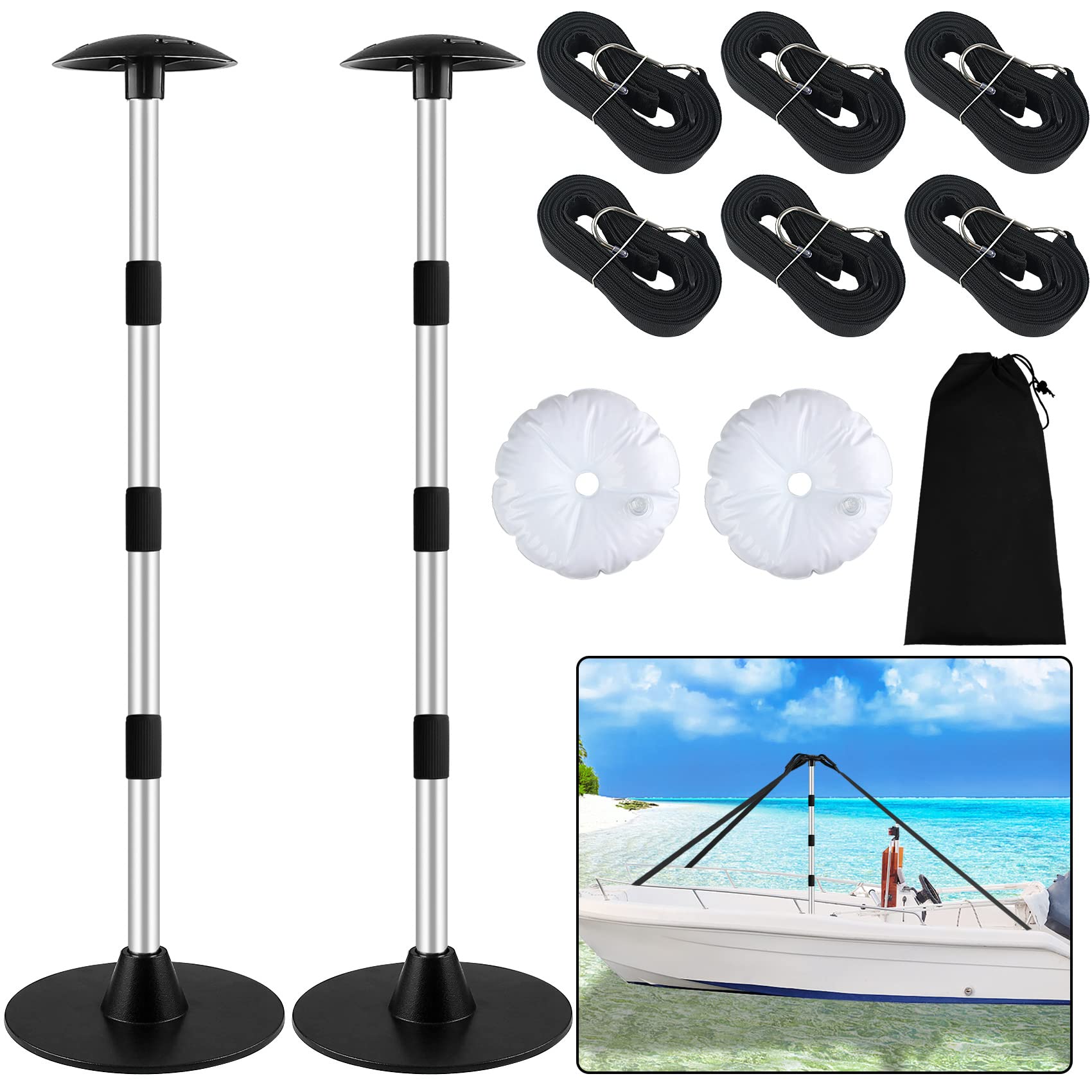 Premium Aluminum Boat Cover Support Poles 2-Pack - Adjustable Height 22” to 57.5” with Heavy-Duty Webbing Straps (Black) - Perfect for Marine Storage, Winter Boat Protection & RV Cover Support