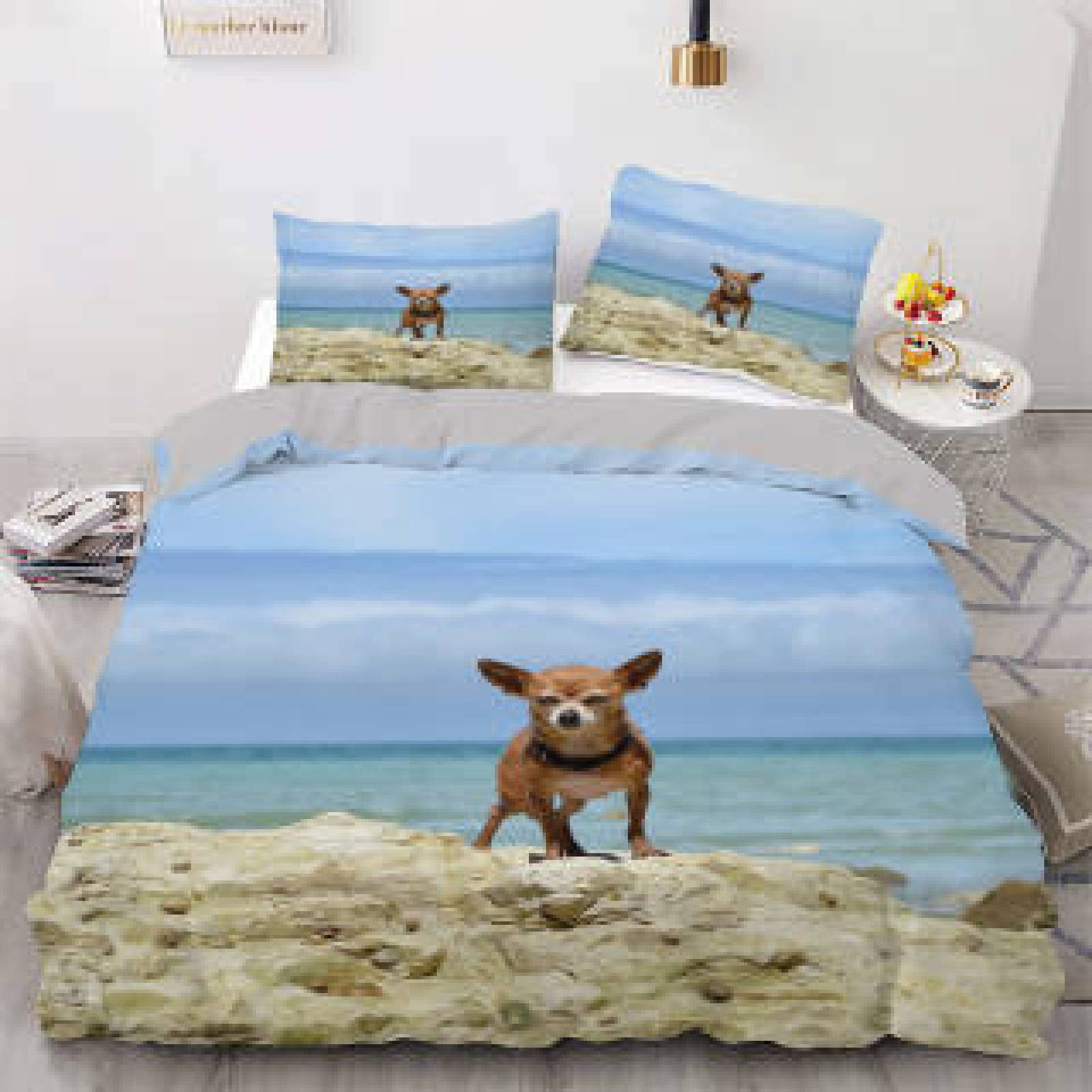 Queen Size Microfiber Comforter Set - Blue Chihuahua Print Duvet Cover with 2 Pillowcases (20x36 Inches) 110 GSM Soft Bedding for Teens - Perfect for Boys & Girls Bedroom Decor, Dorm Room Essentials