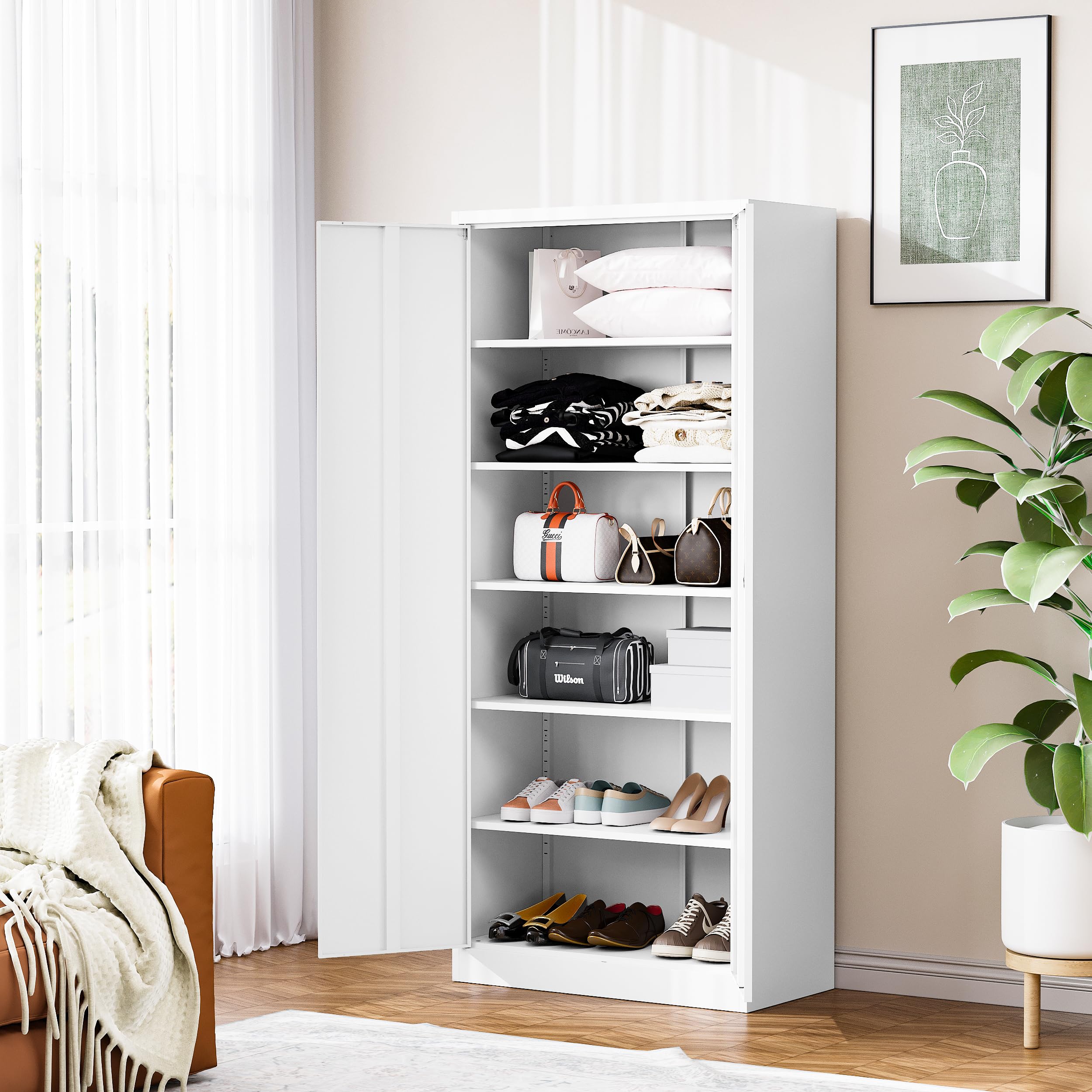 5-Shelf Adjustable Metal Storage Cabinet with Locking Door - Heavy Duty Steel Garage Cabinet for Home, School, Office & Workshop Organization (White) | Perfect for Tools, Supplies & Equipment Storage