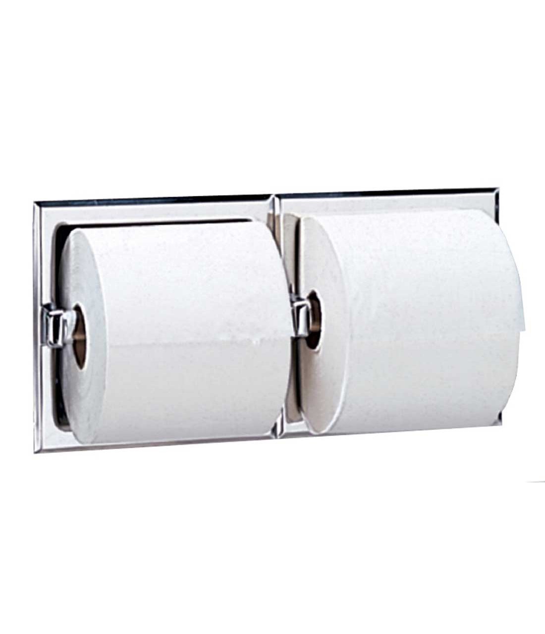 Bobrick 6977 Stainless Steel Recessed Dual Roll Toilet Paper Holder - Satin Finish Bathroom Tissue Dispenser (12.31