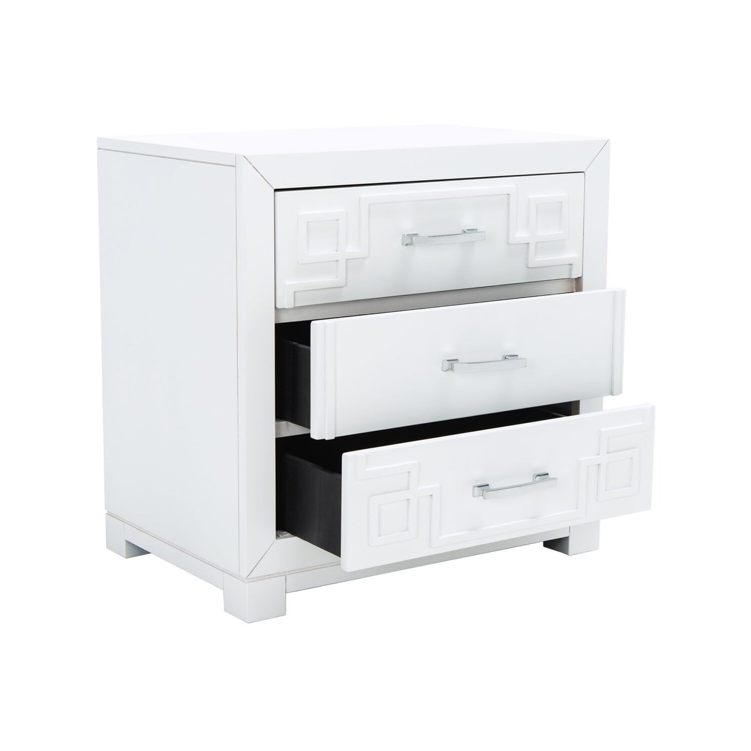 Safavieh Home Raina Greek Key White and Silver 3-Drawer Nightstand - Modern Bedside Table for Bedroom, Living Room & Guest Room Decor