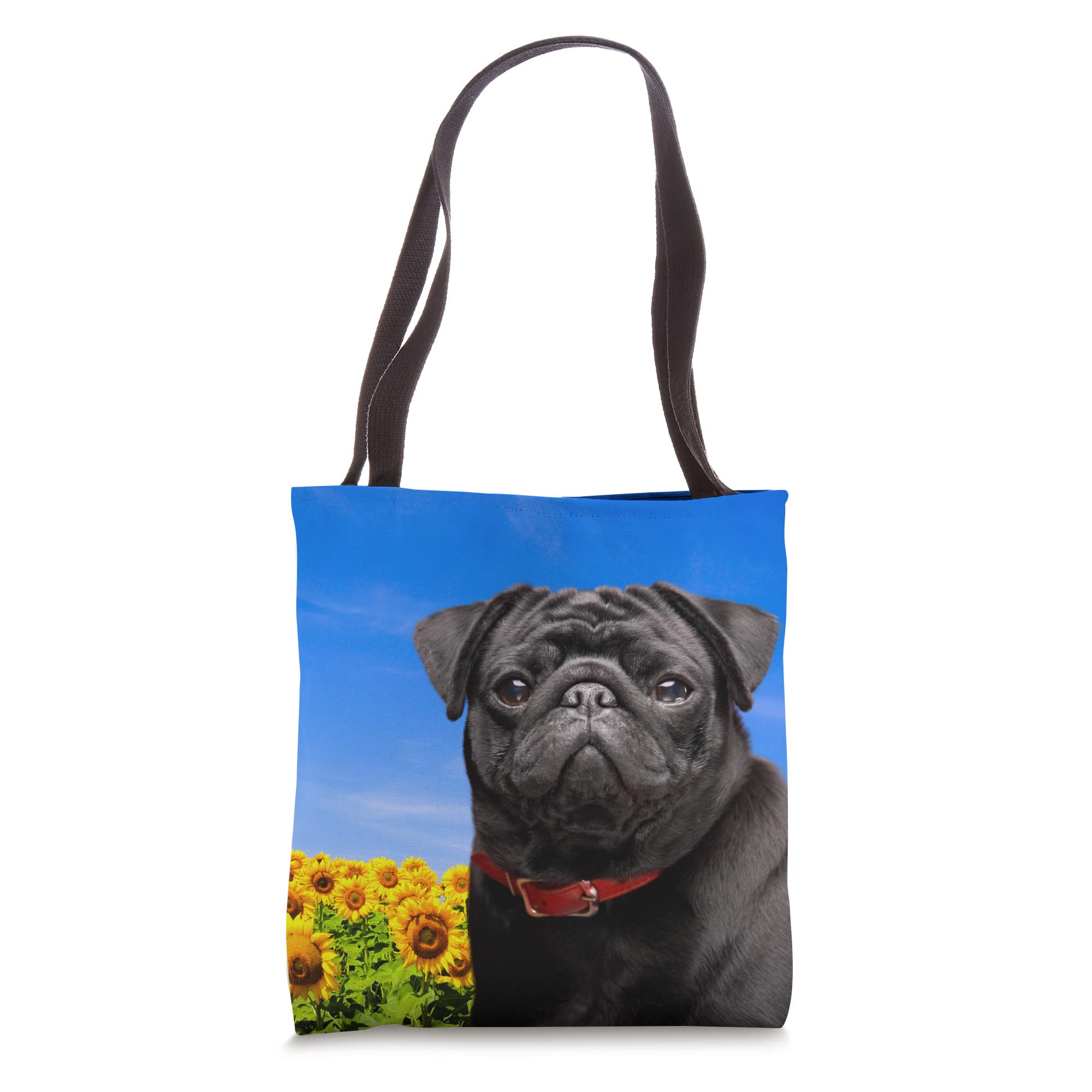 Eco-Friendly Reusable Shopping Tote Bag with Black Pug & Sunflowers Design - Perfect for Groceries, Beach Trips, and Everyday Use