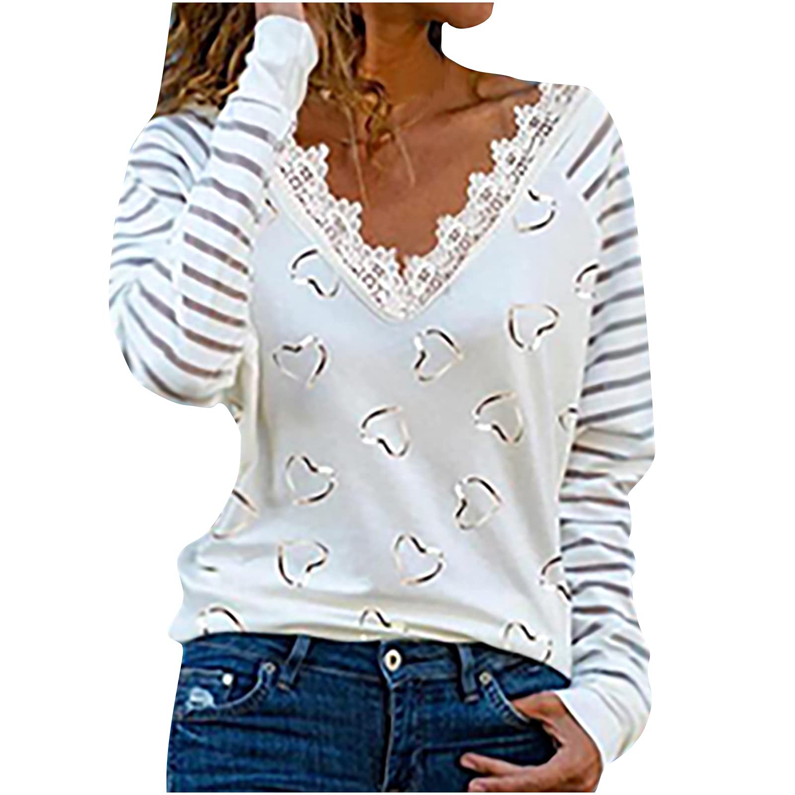 Women's Lace V-Neck Long Sleeve Blouse - Striped Sheer Patchwork Casual Top, Loose Fit Printed Shirt for Work, Date Night & Spring Outfits