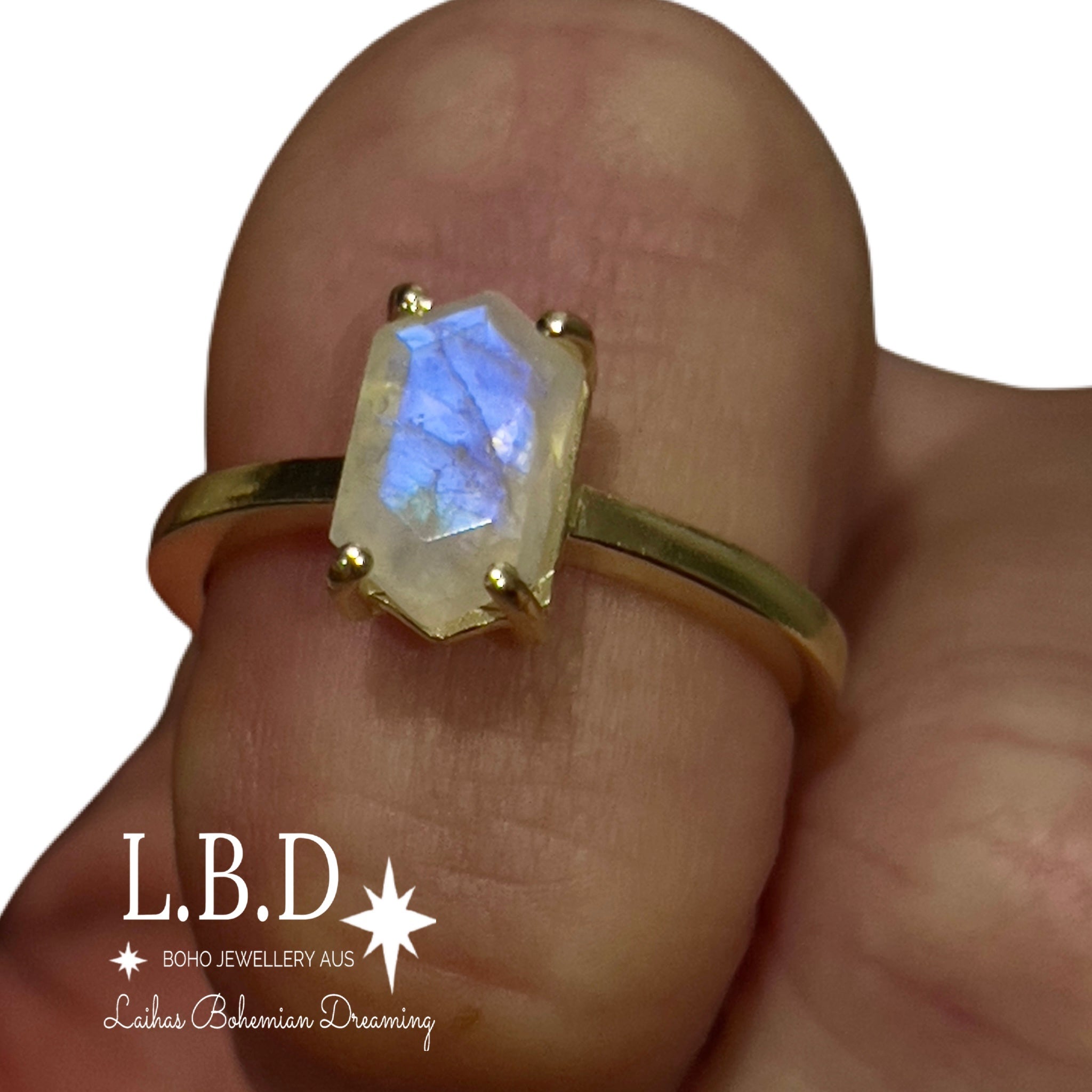 Laihas Gold Mini Hex Crystal Moonstone Ring – Elegant Dainty Jewelry for Women, Perfect for Everyday Wear & Special Occasions