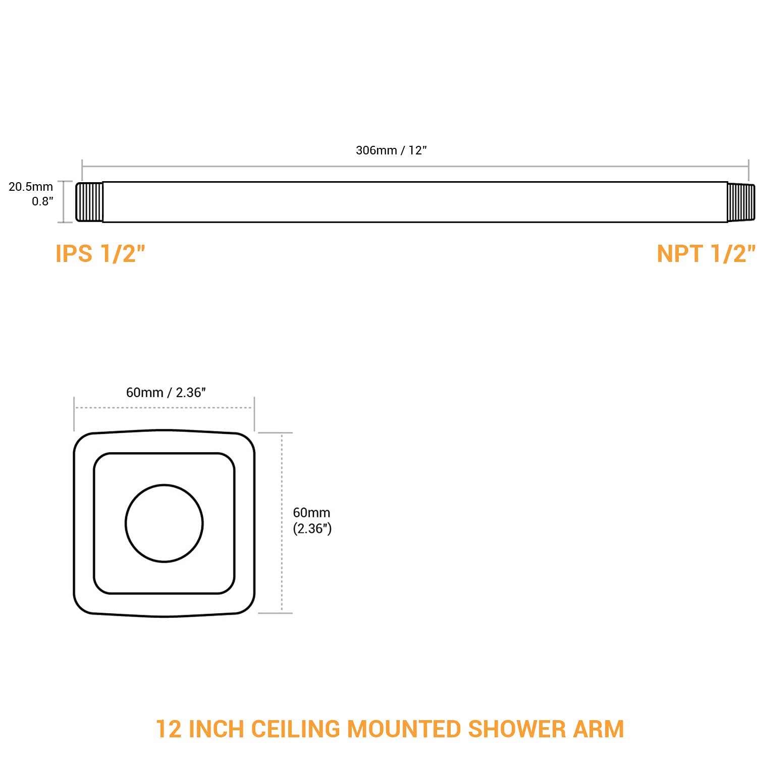 12 Inch Chrome Ceiling Mounted Shower Arm with Flange - Straight Extension Arm for Rainfall Shower Head | Perfect for Modern Bathroom & Spa-Like Shower Experience