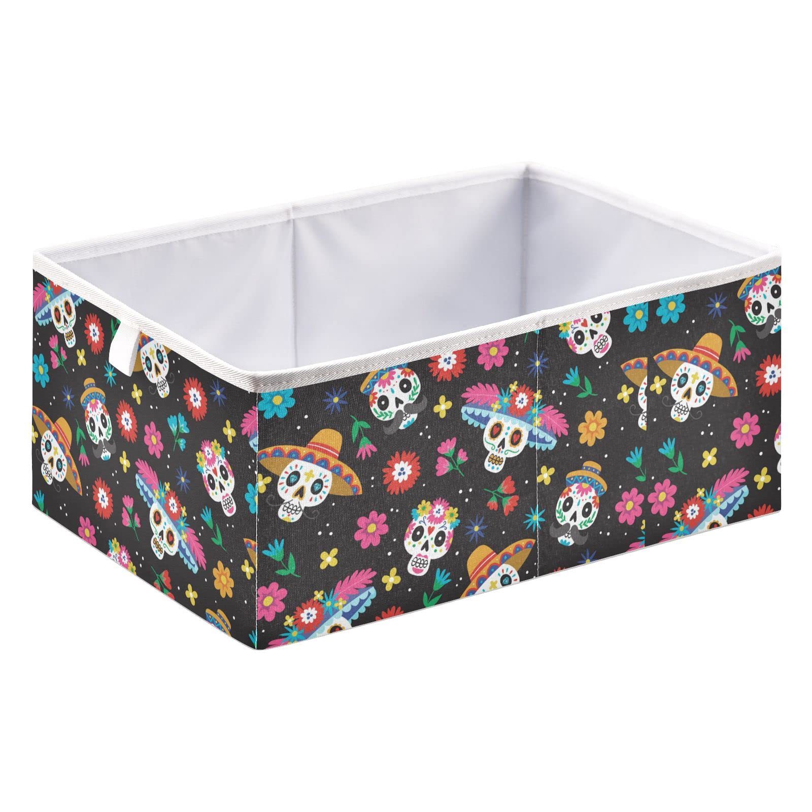 Day of the Dead Sugar Skull Halloween Storage Baskets - Foldable Collapsible Storage Box with Waterproof Fabric (11 x 11 Inch) - Perfect for Shelves, Pantry, Bathroom, Nursery & Toy Closet Organization