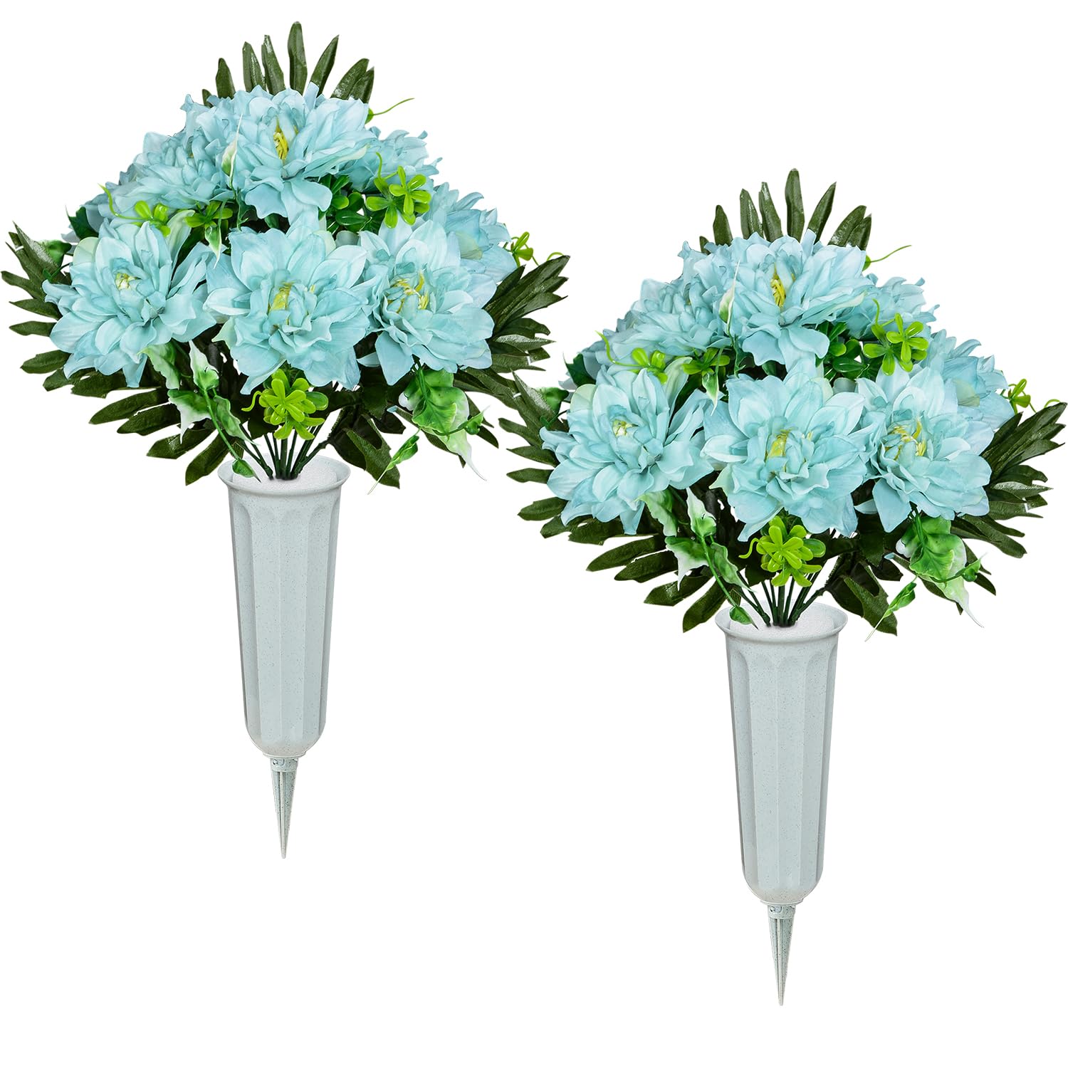 XONOR Artificial Cemetery Flowers for Grave - Set of 2 Realistic Dahlia Bouquets with Vase for Outdoor Memorial Decorations (Blue) | Perfect for Graveside Tributes, Headstone Decor & Cemetery Visits