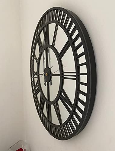 Large Black Mirror Wall Clock - 27.5 Inches, Real Silver Mirror, Modern Silent Non-Ticking Design, Battery Operated Home Decor (19 lbs) - Perfect for Living Room, Bedroom, Office & Wall Decoration