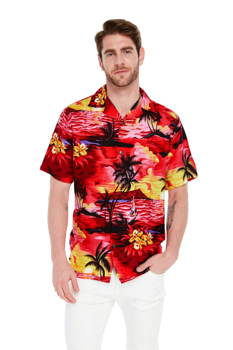 Hawaiian Luau Outfits for Family - Matching Tropical Shirts & Dresses for Men, Women, Boys & Girls in Sunset Red | Beach Party, Summer Vacation & Theme Party Wear