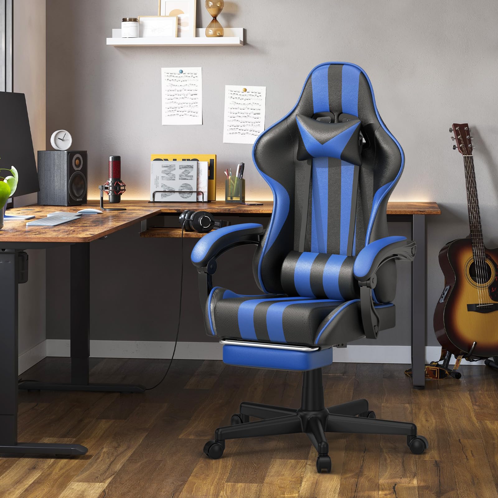 Ferghana Blue Ergonomic Gaming Chair with Adjustable Footrest - High Back PC Computer Game Chair for Adults & Teens - Perfect for Streaming, Esports & Office Work