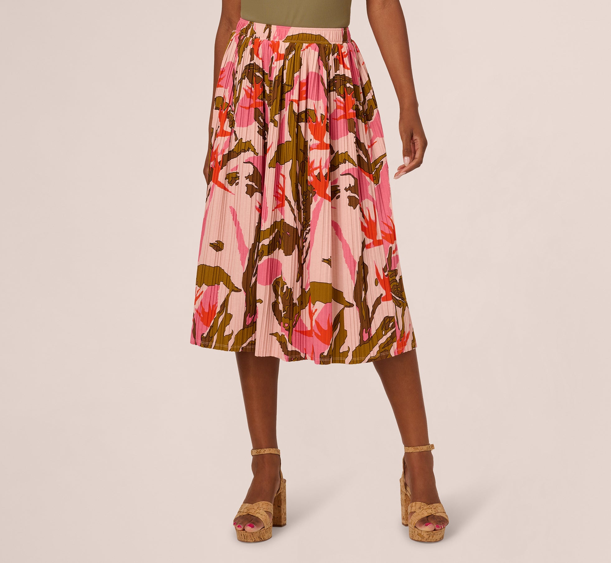 Micropleated Printed A-Line Midi Skirt in Pale Mauve Botanic Floral Print | Women's Casual Summer Skirt for Beach, Office & Date Night