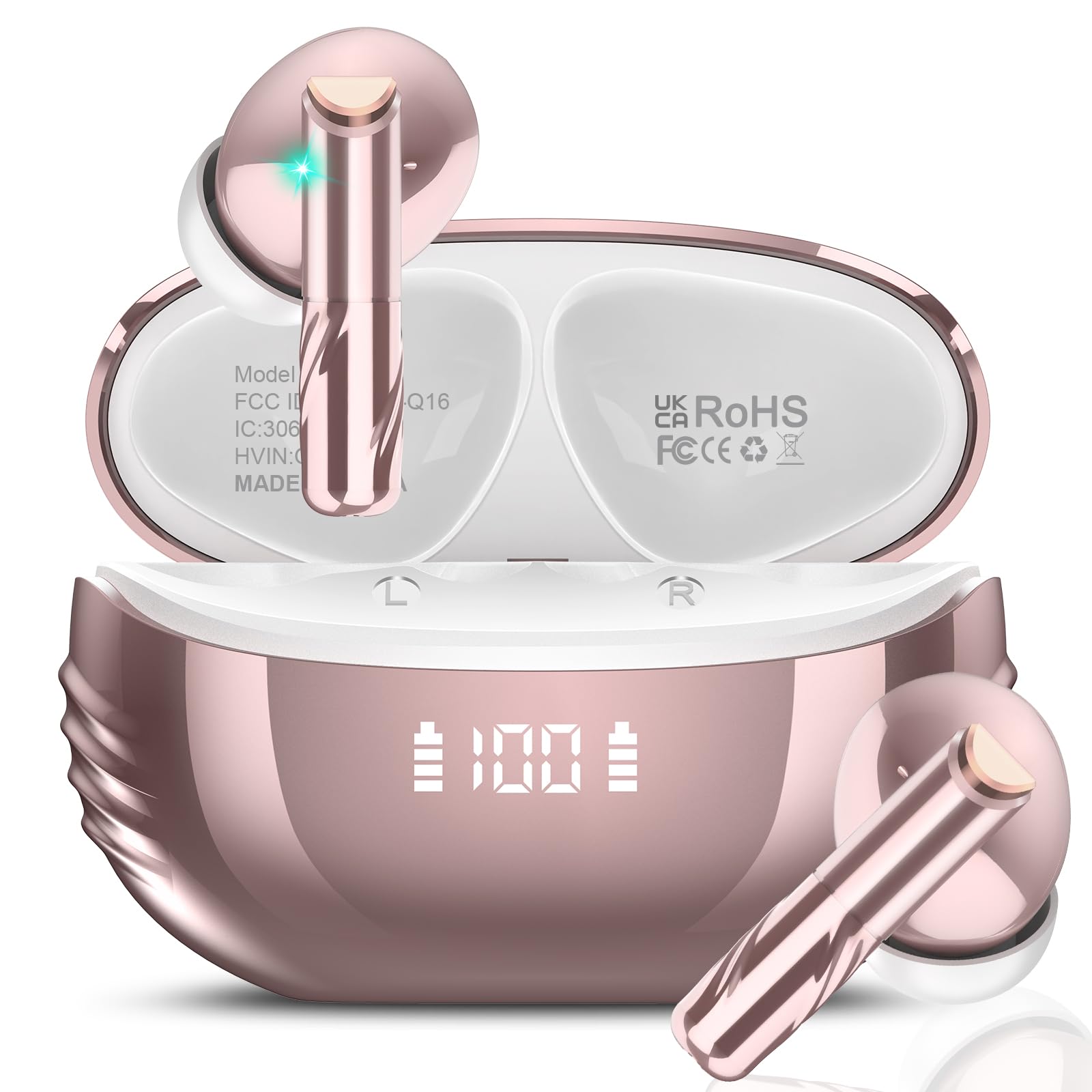 Premium Bluetooth 5.4 Earbuds with ENC Noise Cancelling & 48H Playback - IPX7 Waterproof Wireless Headphones for iOS/Android (Rose Gold) - Perfect for Gym & Commuting