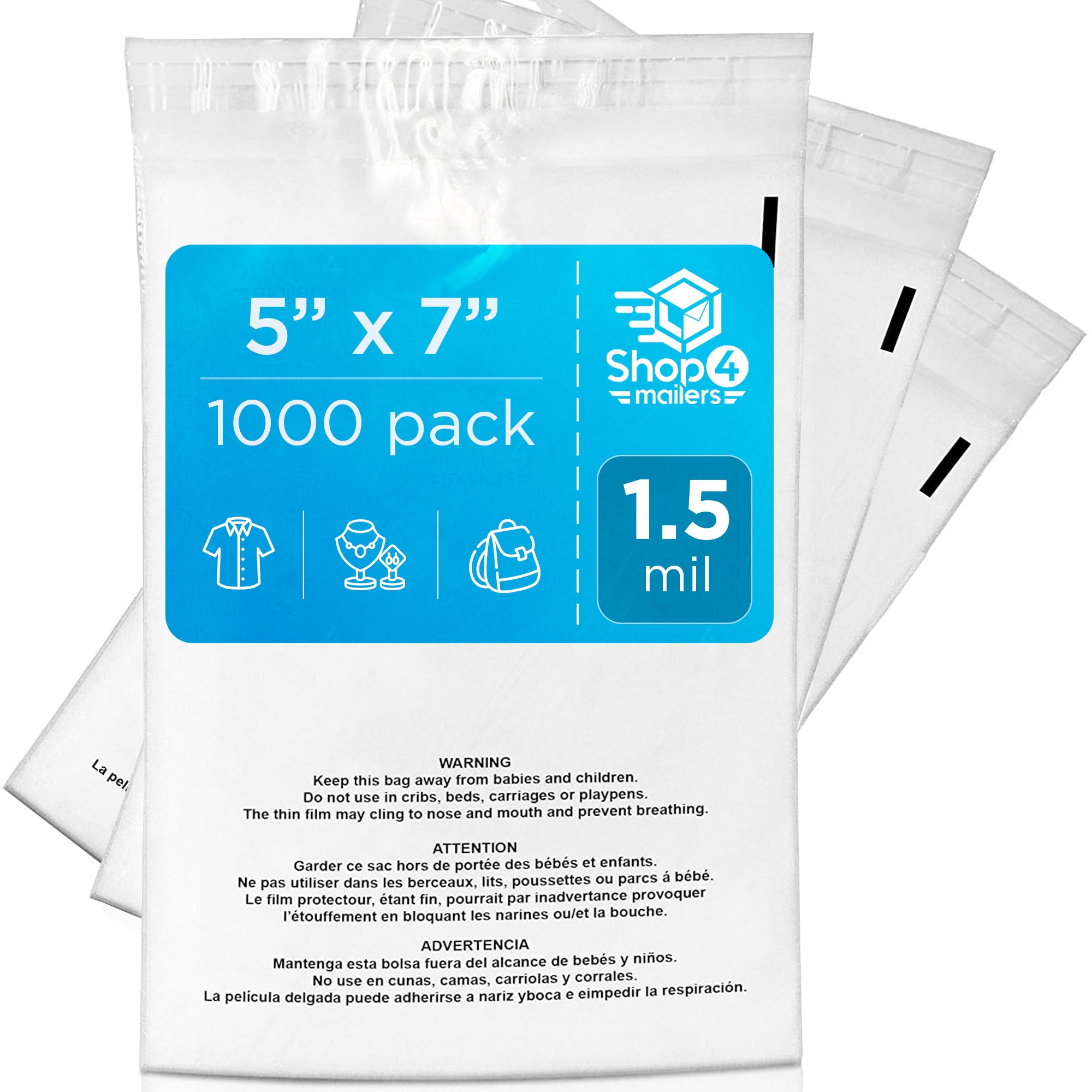 5 x 7 Clear Plastic Self Seal Poly Bags with Suffocation Warning - 1.5 Mil Thick - Perfect for Shipping, Storage & Retail Packaging (Shop4Mailers)