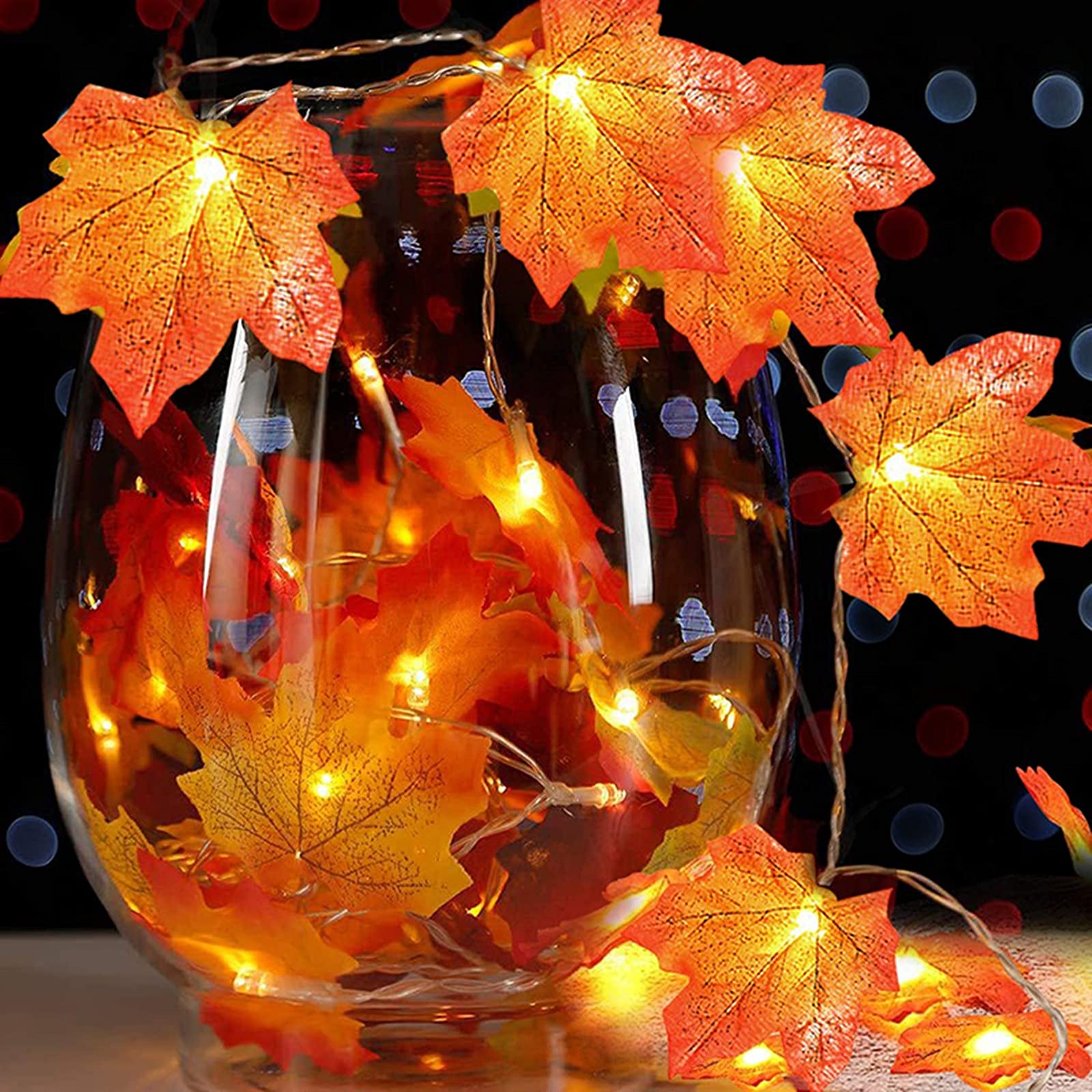 20 Ft Fall Garland with Lights - 2-Pack Battery Operated Maple Leaf String Lights (40 LEDs) for Thanksgiving, Christmas, Autumn Decor - Indoor & Outdoor Home, Party, Porch, Mantel Decoration