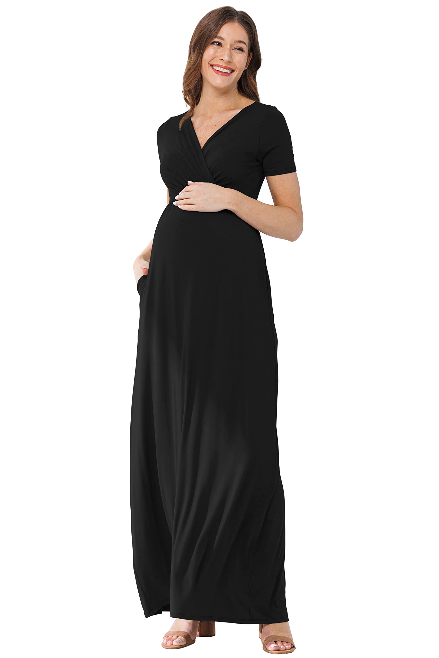 LaClef Women's Maternity Maxi Dress with Side Pockets - Flowy Pregnancy Dress for Baby Shower, Maternity Photoshoot, Beach Vacation & Everyday Comfort