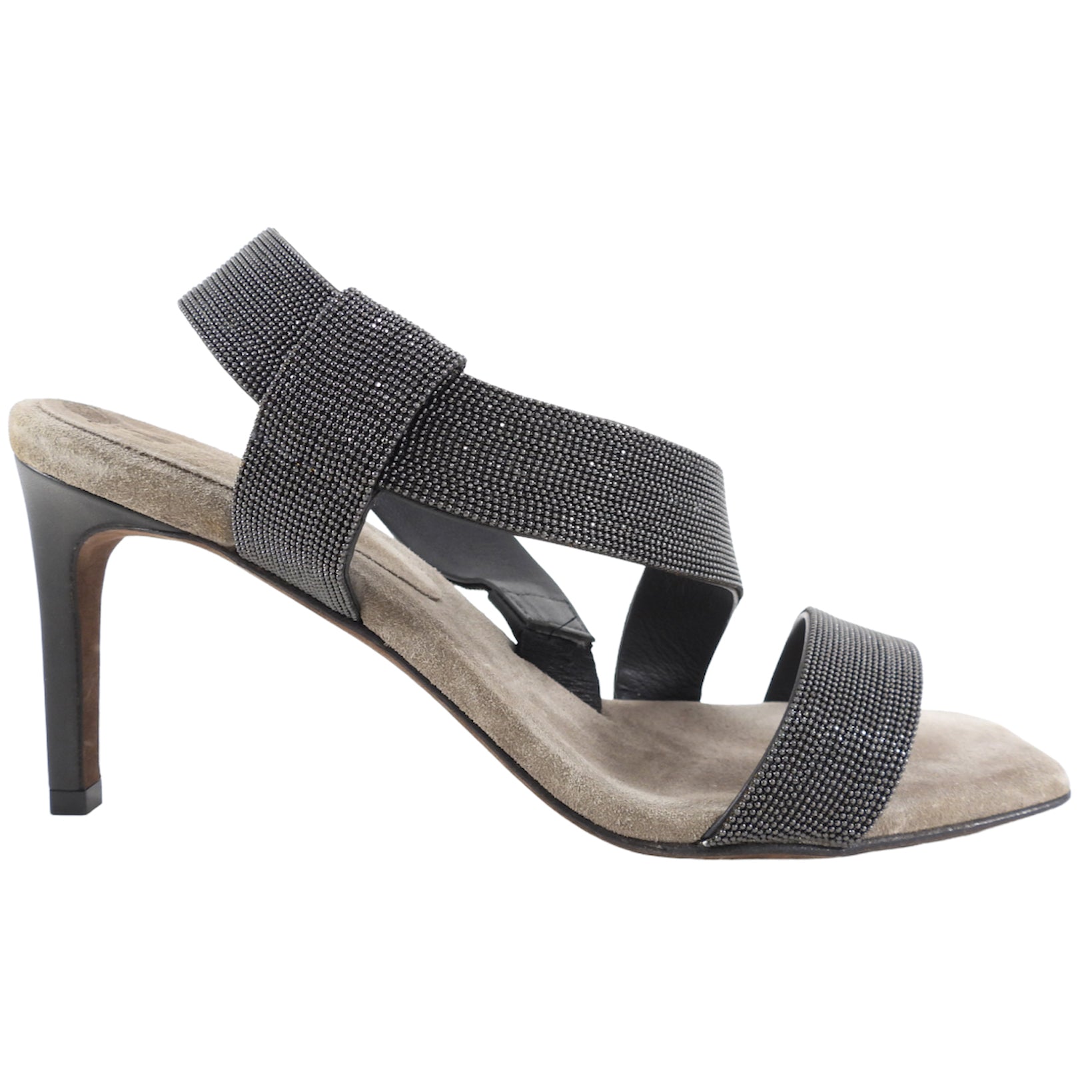 Brunello Cucinelli Grey Monili Bead Heel Sandals for Women - Elegant Beaded Summer Dress Sandals for Weddings & Evening Events