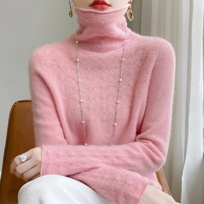 100% Merino Wool Cashmere Jumper - Women's Winter High Neck Pullover Sweater | Long Sleeve Seamless Hollow Knit | Perfect for Office Wear, Date Nights & Cold Weather Layering