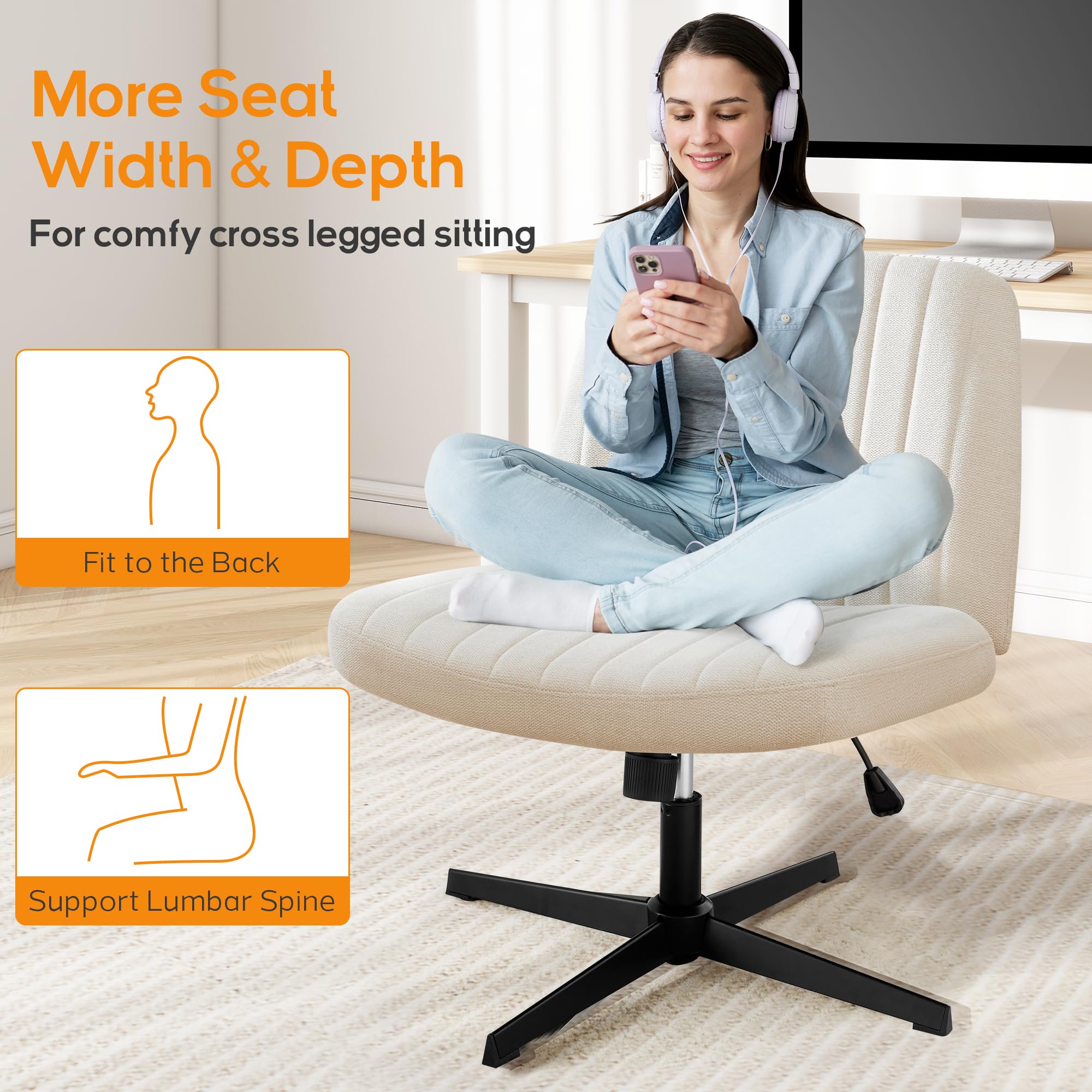 DUMOS Criss Cross Chair - Armless Office Desk Chair with Adjustable Height, No Wheels, Comfortable Task Seating for Home & Office - Perfect for Computer Work, Vanity Desk, and Study Areas