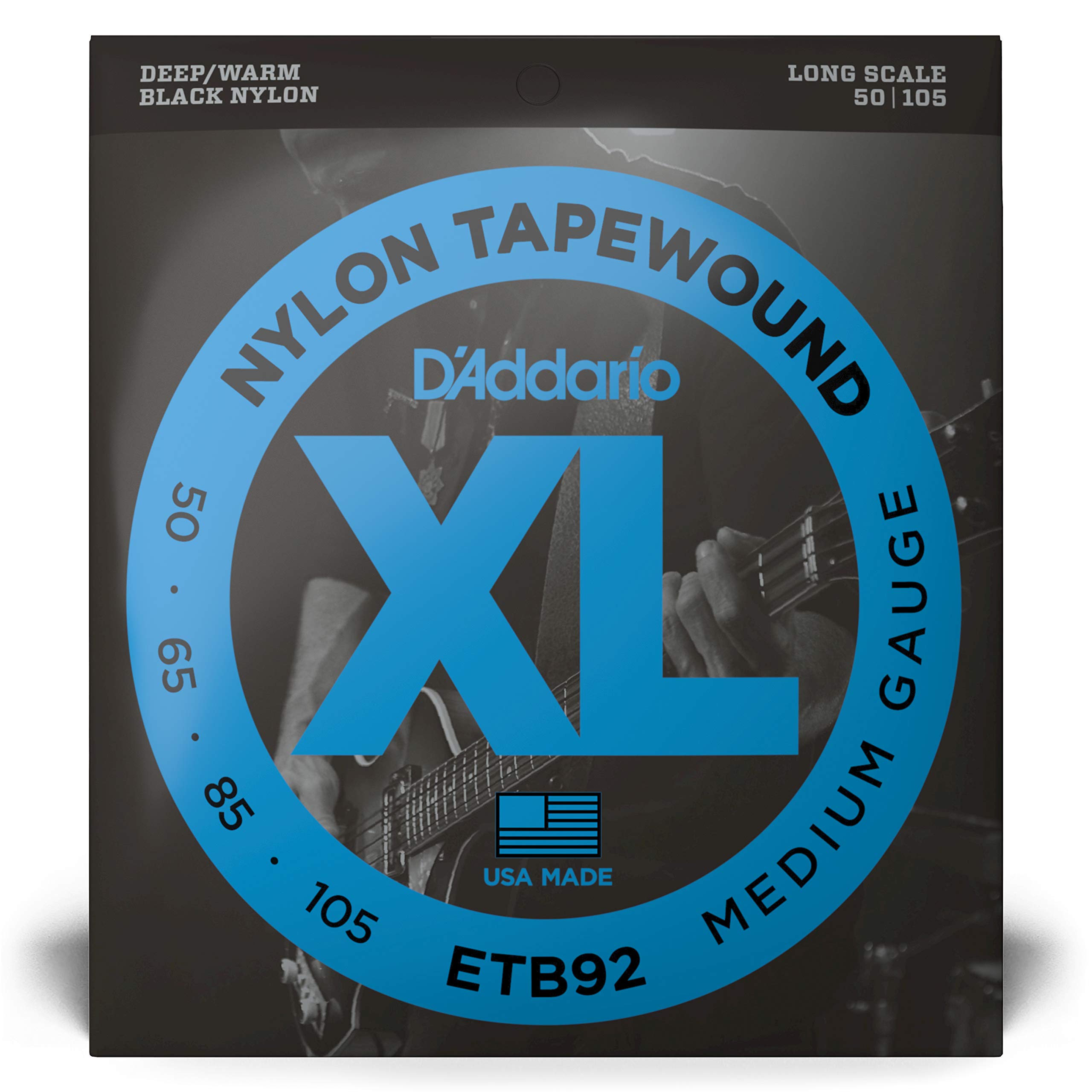 D'Addario ETB92 Tapewound Black Nylon Bass Guitar Strings - Long Scale, Medium Gauge 50-105, 4-String Set (Pack of 1) - Perfect for Jazz, Blues & Studio Recording Sessions