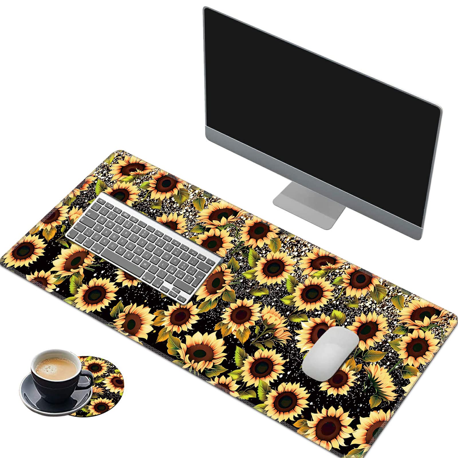 XXL Gaming Mouse Pad with Stitched Edges - 31.5x11.8 Inch Large Extended Mouse Mat, Non-Slip Base Desk Mat for Keyboard & Mouse, Vibrant Sunflower Design - Perfect for Gaming, Office & Home Workspace