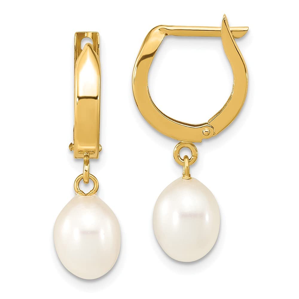 14K Gold 6-7mm Rice White Freshwater Cultured Pearl Hoop Dangle Earrings - 24.75mm Long - Elegant Jewelry Gifts for Women, Brides, and Special Occasions