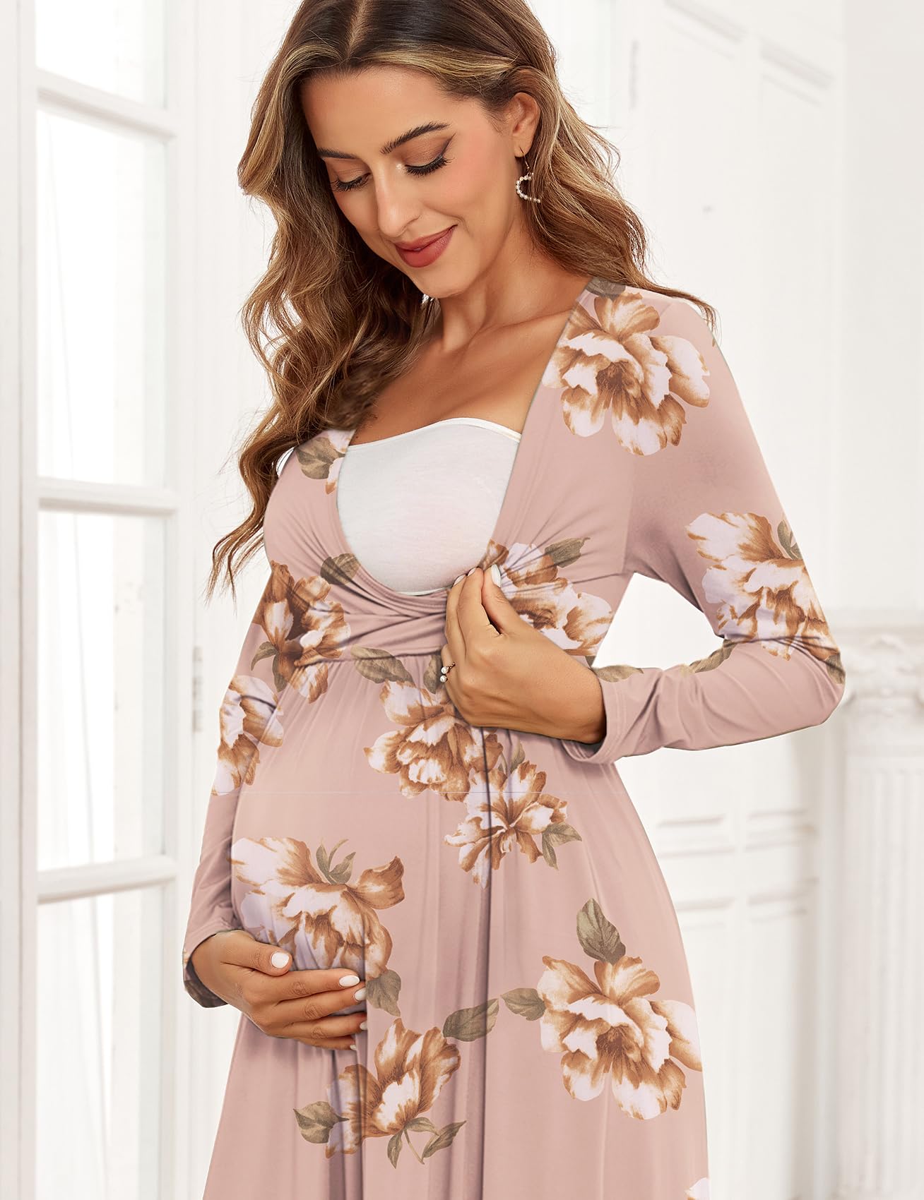 2025 Women's Maternity Maxi Dress - Long Sleeve Wrap V-Neck Pregnancy Dress with Pockets for Baby Shower, Photoshoot & Formal Occasions | Comfortable Nursing Dress for Expecting Mothers