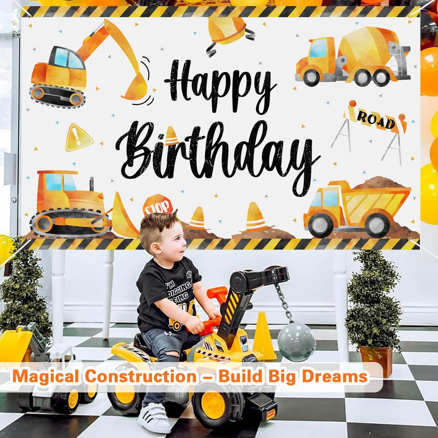 3 x 5Ft Construction Themed Birthday Party Backdrop Banner - Heavy Duty Vinyl Decor for Boys Construction Party, Kids Birthday, Baby Shower & Construction Site Photo Booth Background