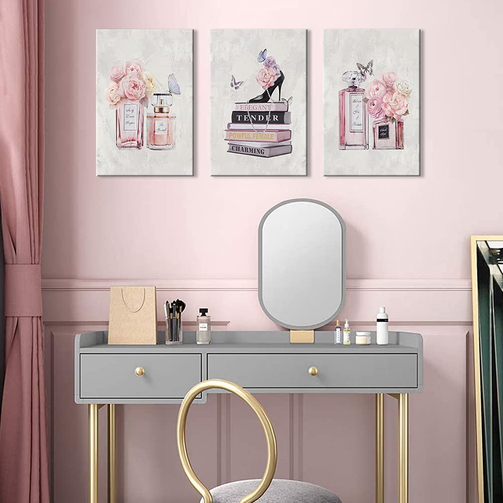 WANBOYA 3-Piece Pink Flower Perfume Modern Art Canvas Prints - Fashion Women's Wall Decor with Book & High Heel Design (16