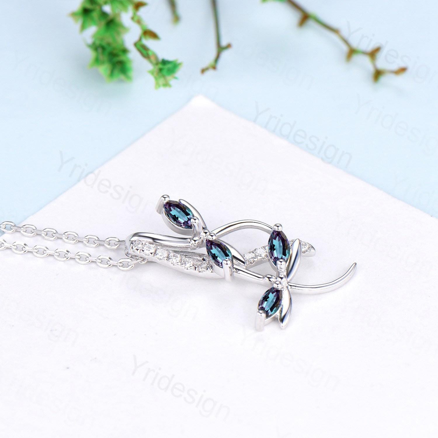Alexandrite Necklace with Color Changing Marquise Stone & Dragonfly Pendant – Nature Inspired Jewelry for Women | Unique Anniversary Gift for Her, Birthday Present, Romantic Occasions