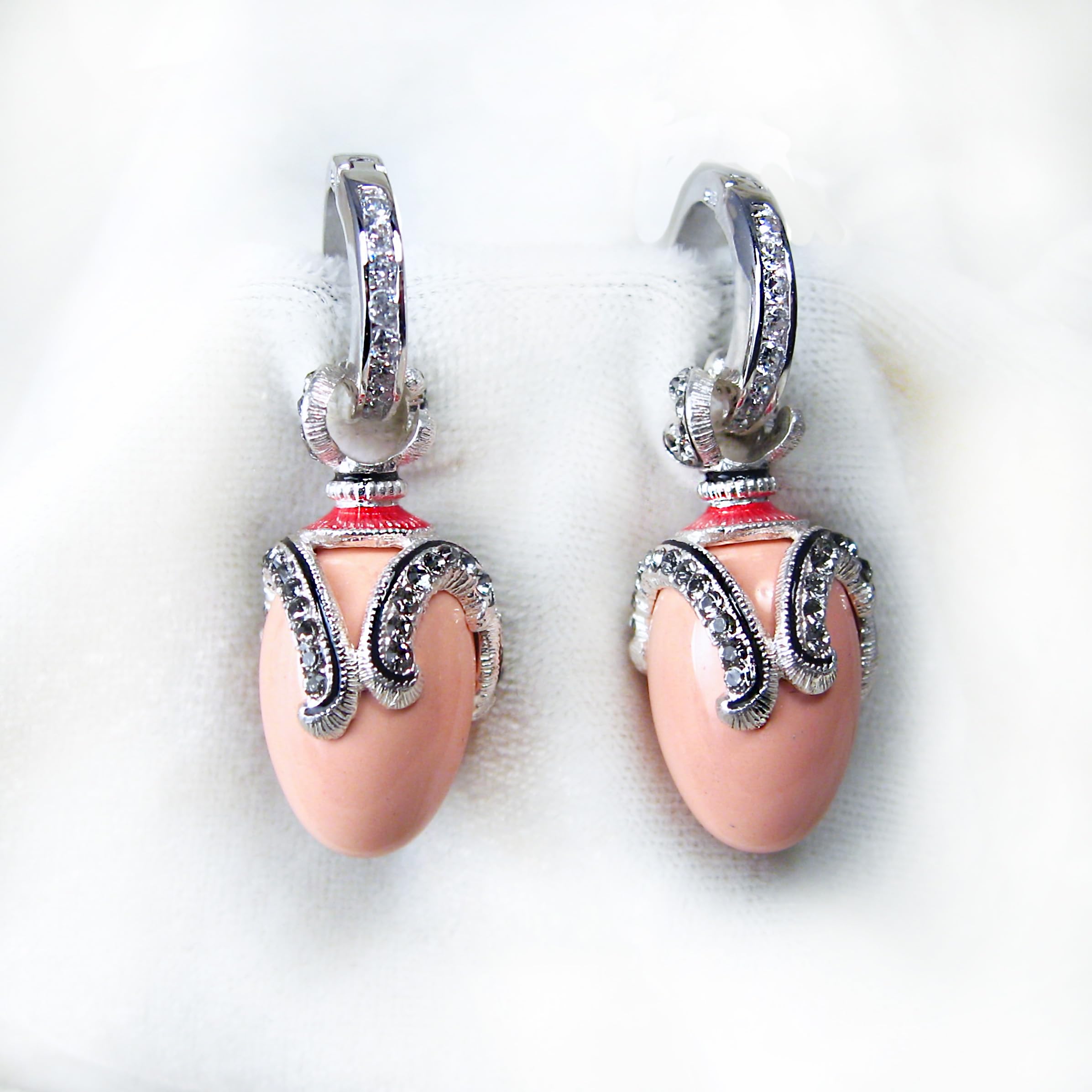 925 Sterling Silver Pink Coral Egg Earrings with Cubic Zirconia | Elegant Guilloché Enamel Hoop Earrings for Women | Perfect for Weddings, Parties & Everyday Wear