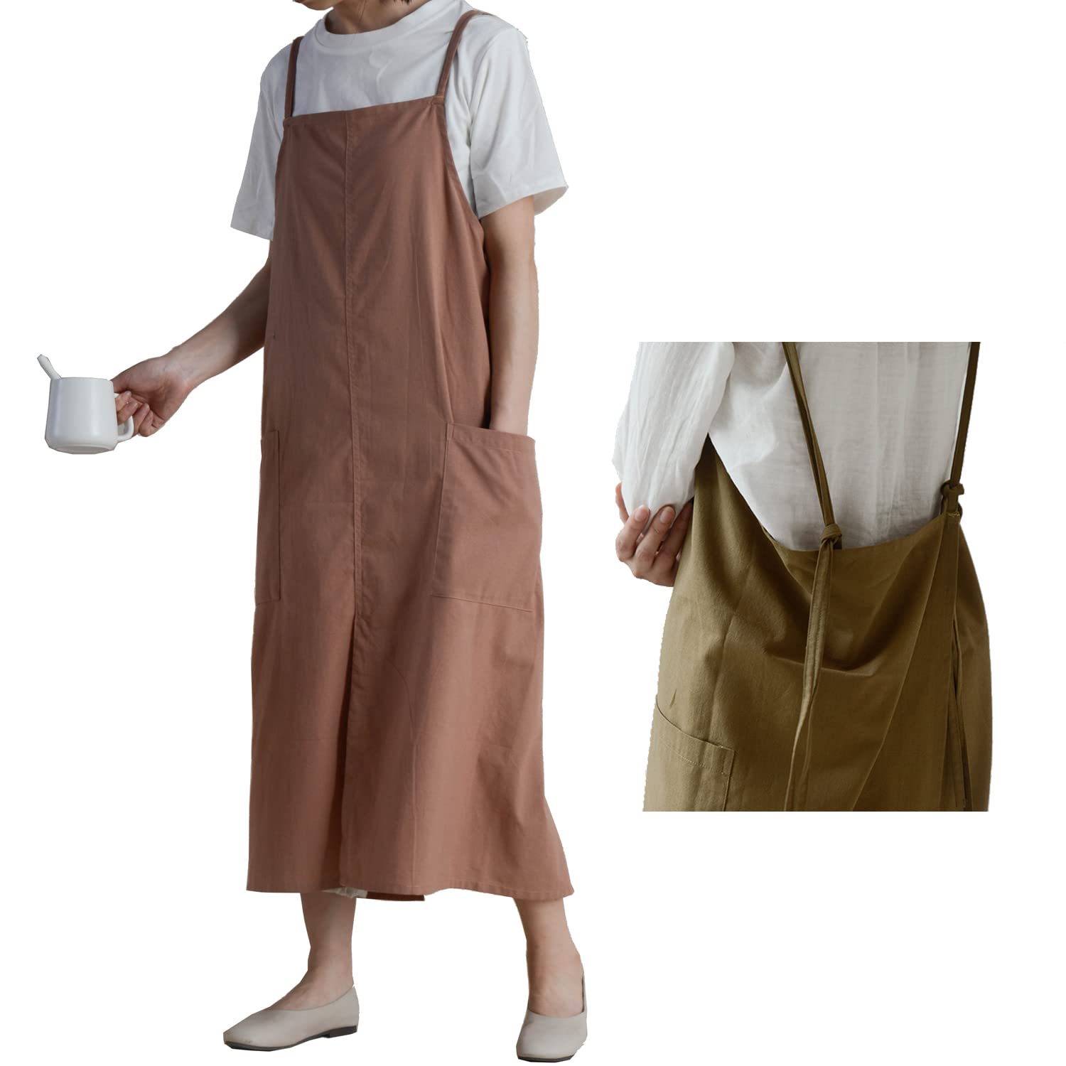 Women's Pinafore Cross Back Apron with Pockets - Japanese Smock for Cooking, Baking, Gardening, Painting & Work - Perfect for Home, Kitchen, Cafe & DIY Projects