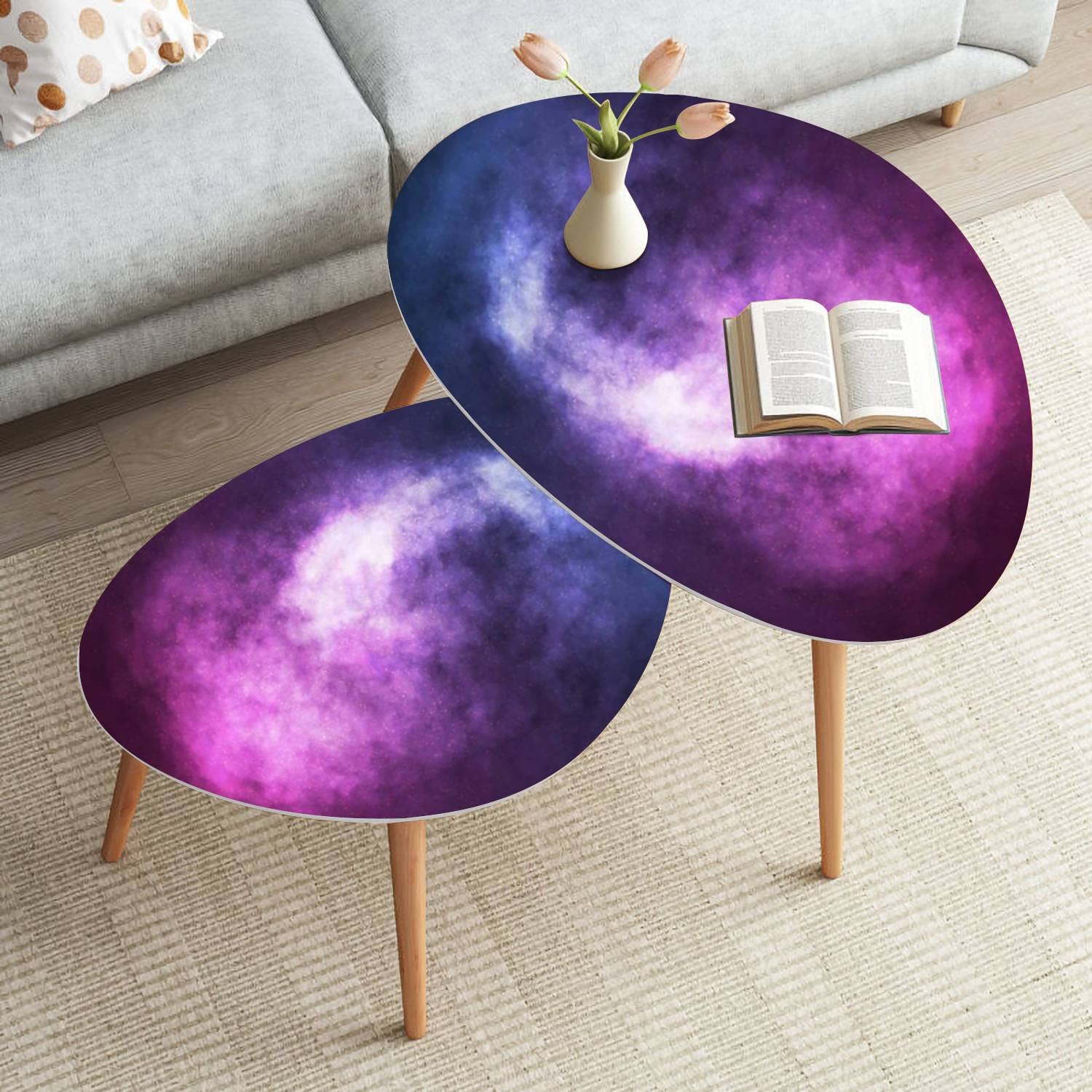 Modern Small Coffee Nesting Table Set of 2 - Space Nebula Galaxy Design Triangle & Round Side Tables for Living Room, Bedroom, Office - Minimalist Home Decor for Coffee, Tea, Books & Plants