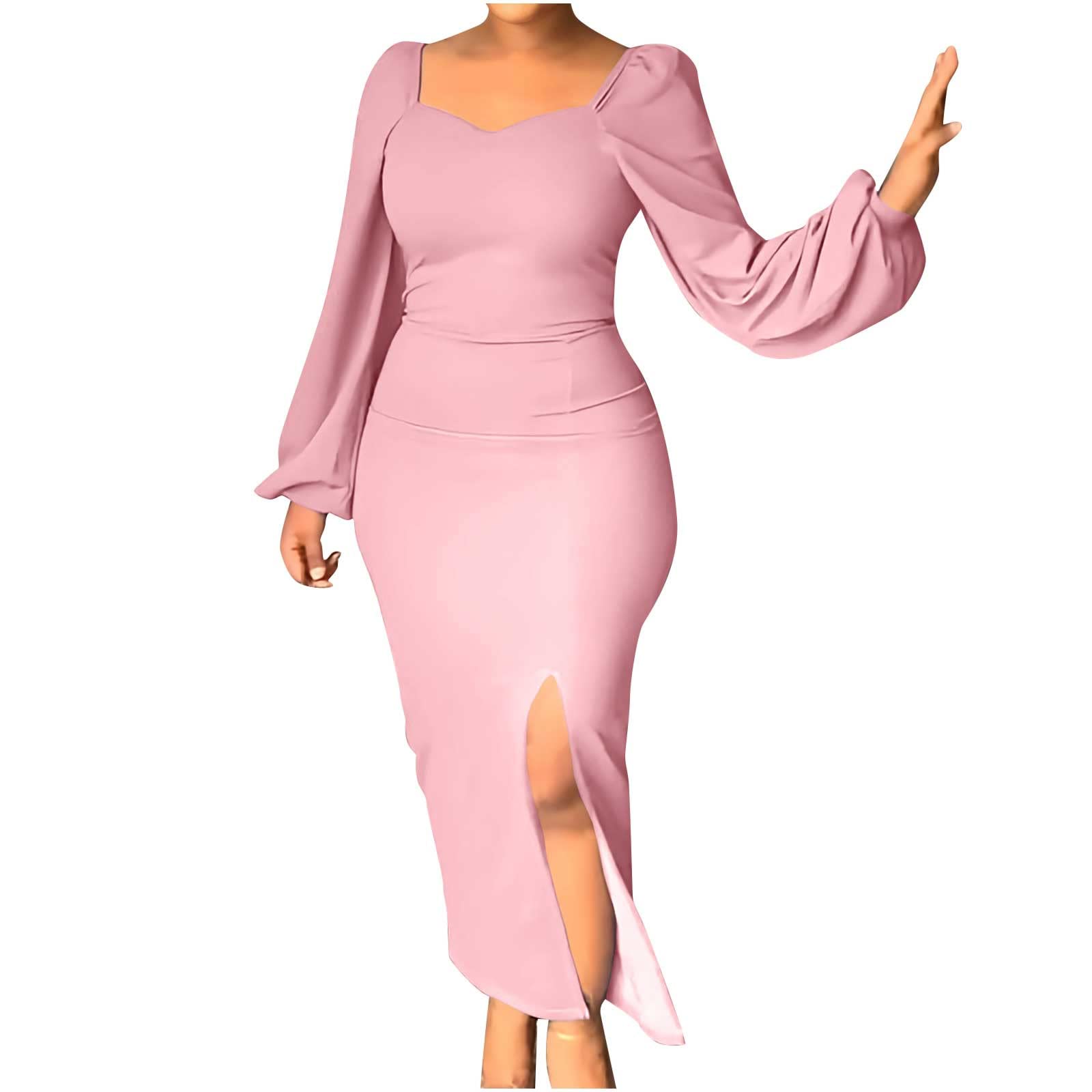 Elegant Women's Bodycon Formal Dress - Long Sleeve Square Neck Maxi Dress for Party, Club & Casual Wear | Summer & Spring Solid Color Split Dress for Evening Events, Date Night & Special Occasions