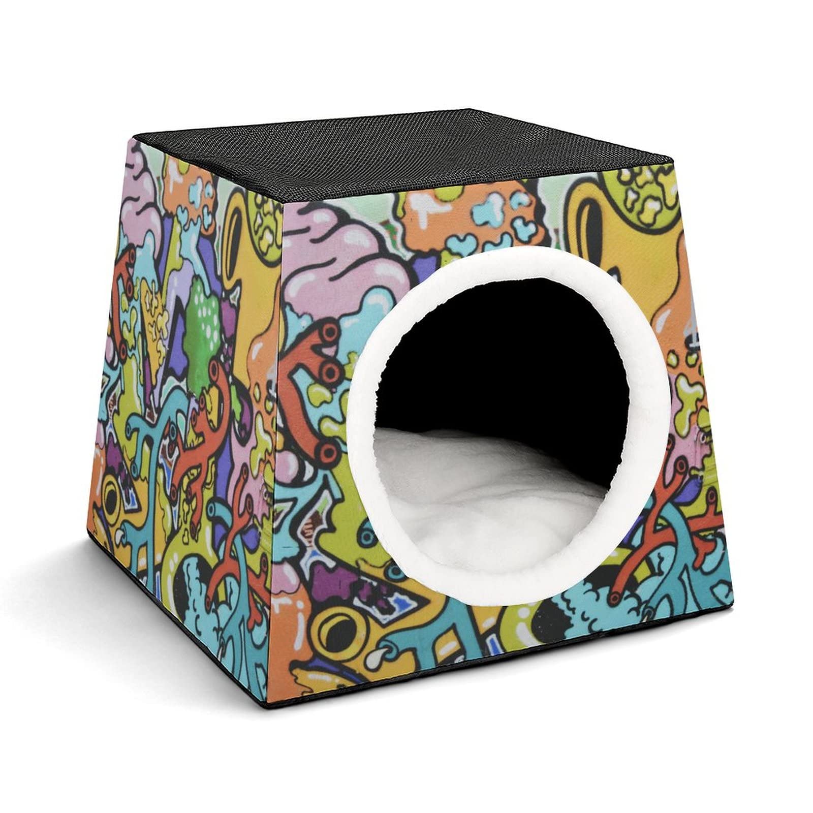 3-in-1 Cat House Bed & Sofa - Printed Cat Cube for Indoor/Outdoor Use - Colorful Street Graffiti Design Kitty Shelter - Perfect for Home, Yard & Pet Play Areas