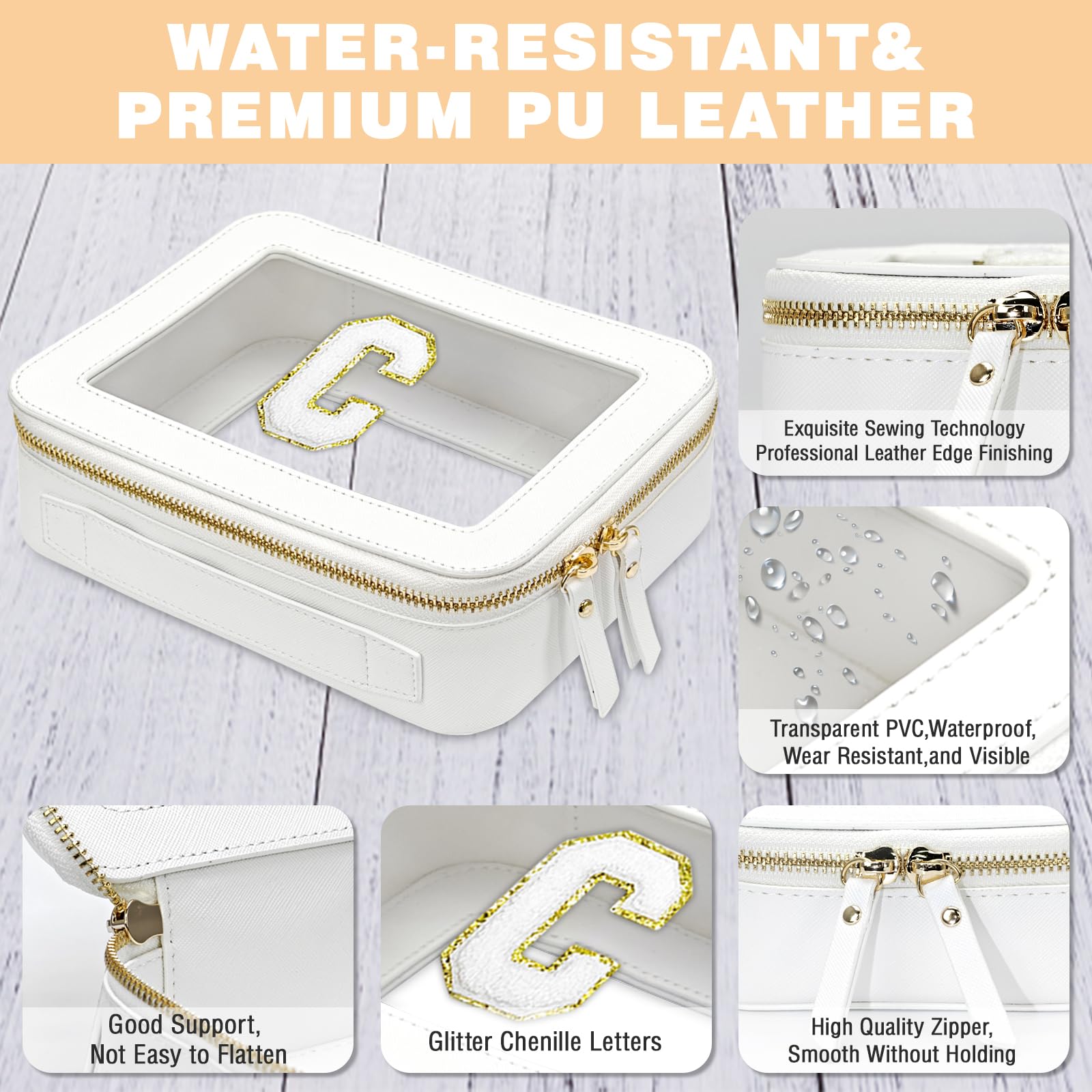 Clear Initial Makeup Bag Set - Travel Cosmetic Organizer with Handle, Transparent Leather Toiletry Bag, Portable Waterproof Storage Case for Women | Perfect for Travel, Gym, and Daily Makeup Organization