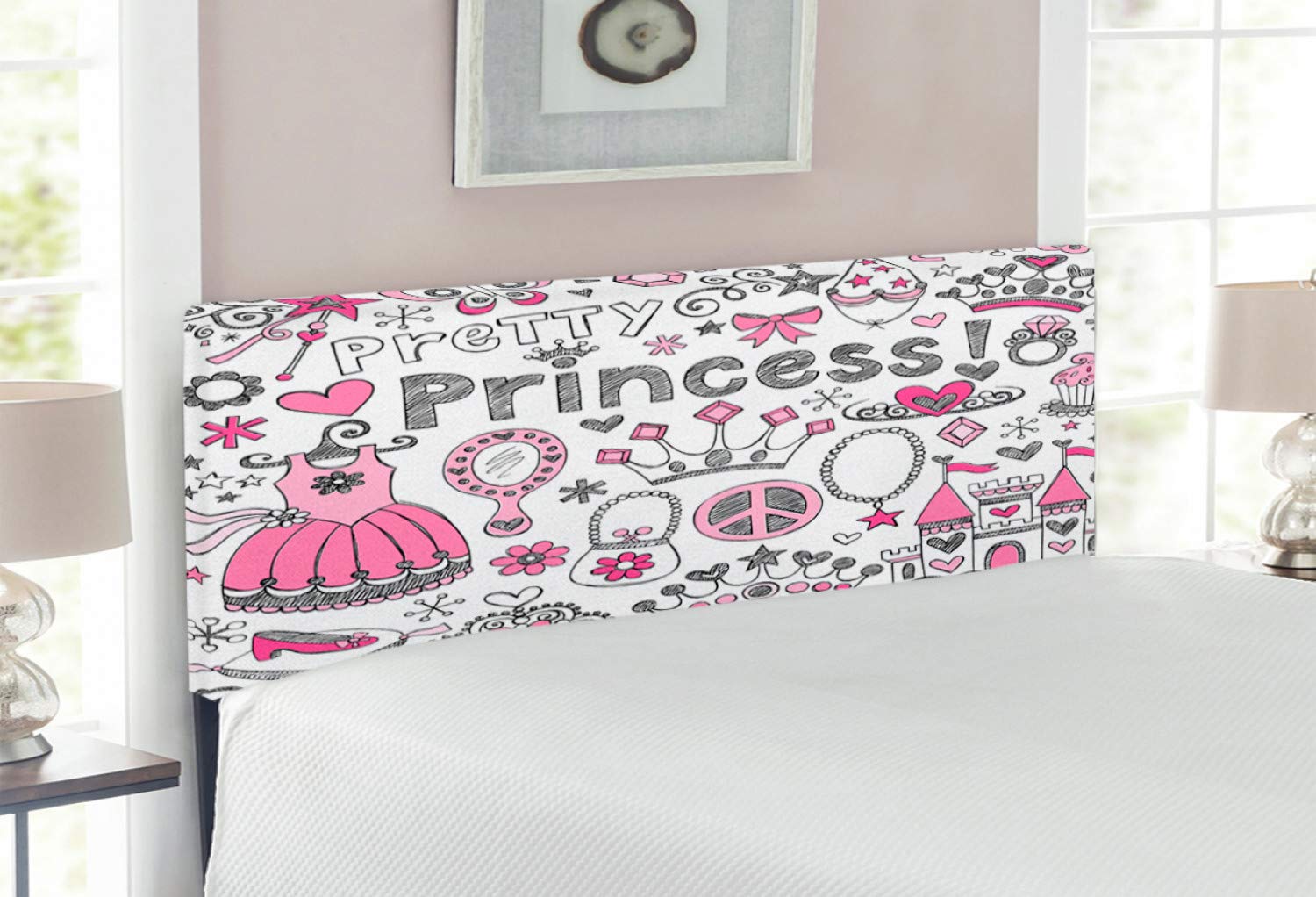Ambesonne Cartoon Headboard - Tale Cartoon Tiara Crown Notebook Doodle Design Sketch Illustration - Upholstered Decorative Metal Bed Headboard with Memory Foam - Full Size - Grey Pink White - Perfect for Kids' Bedrooms, Princess Themed Decor, and Whimsical Home Interiors