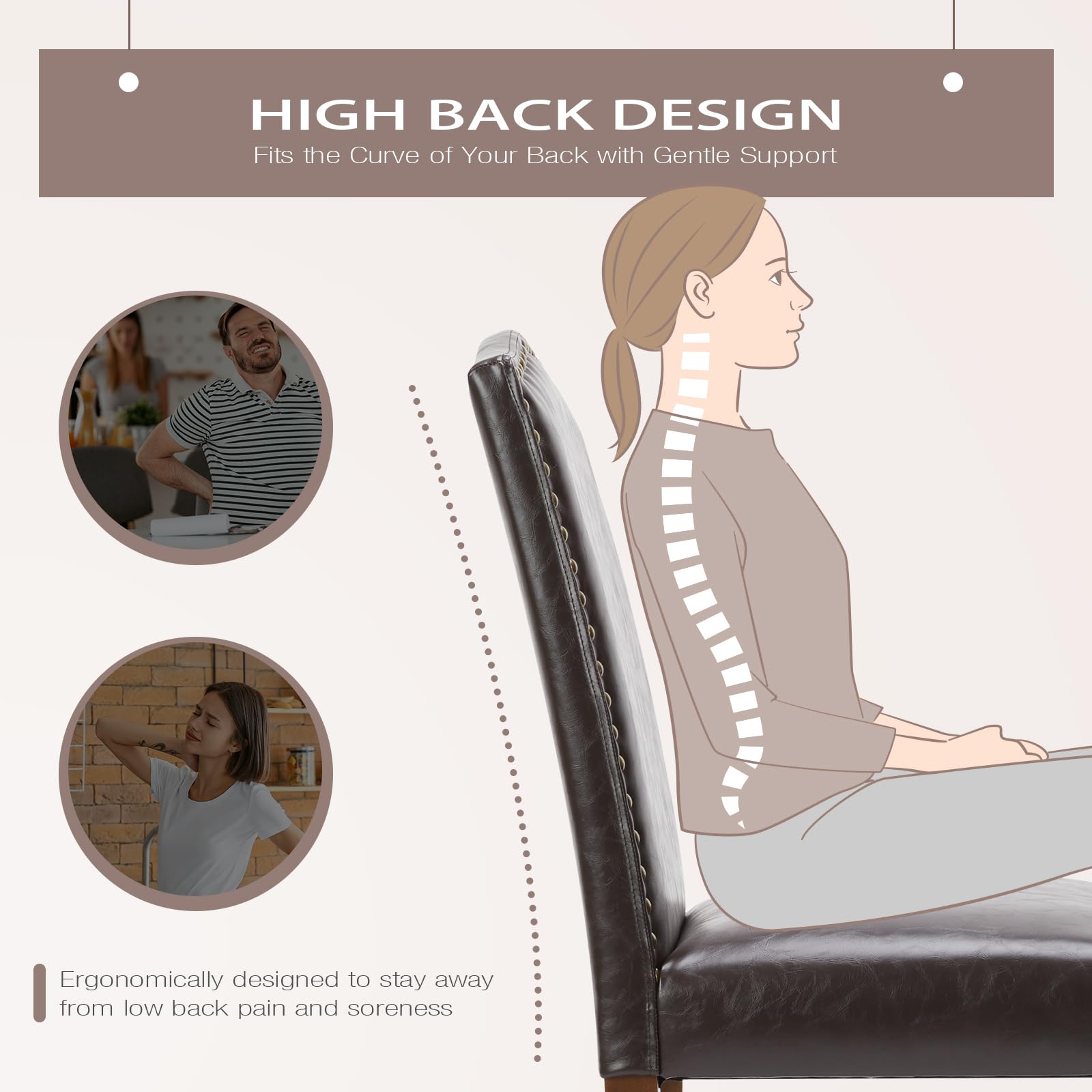 DUMOS Set of 2 Modern Upholstered Leather Dining Chairs with Nailhead Trim & Wood Legs - Mid-Century Accent Chairs for Kitchen, Dining Room, Living Room - Dark Brown Home Decor for Family Gatherings & Dinner Parties