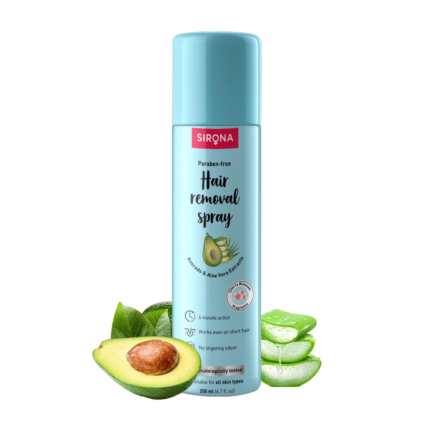 Sirona Hair Removal Spray for Women - Painless Body Hair Removal Cream for Legs, Arms, Underarms & Back | Natural & Safe Formula with Avocado & Aloe Vera Extract | 200ml | Ideal for Smooth Skin at Home, Travel & Quick Hair Removal Before Beach Days