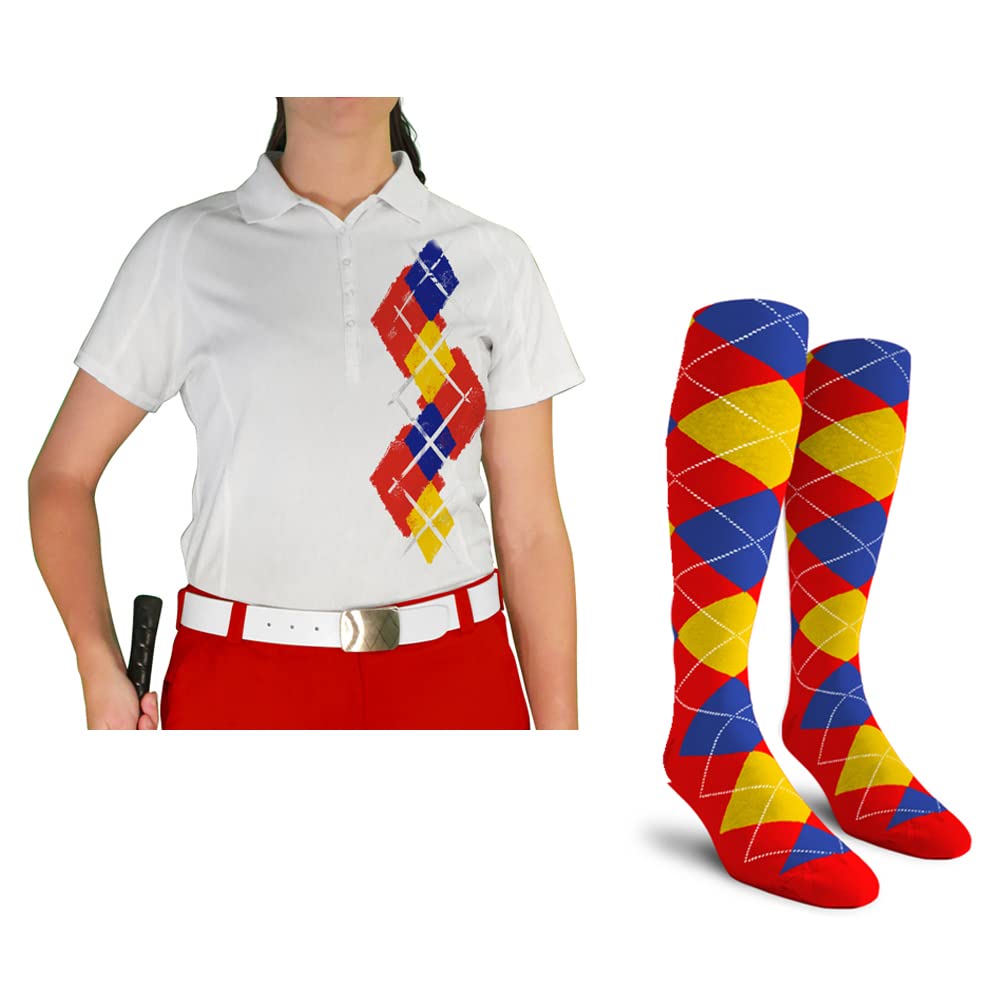 Dry Fit Short Sleeve Graphic Golf Polo Shirt with Socks for Women - Breathable Moisture-Wicking Performance Top & Comfortable Socks Set - Argyle Paradise Design (Sizes 5A-5Z) - Perfect for Golf, Tennis, Casual Wear & Outdoor Activities