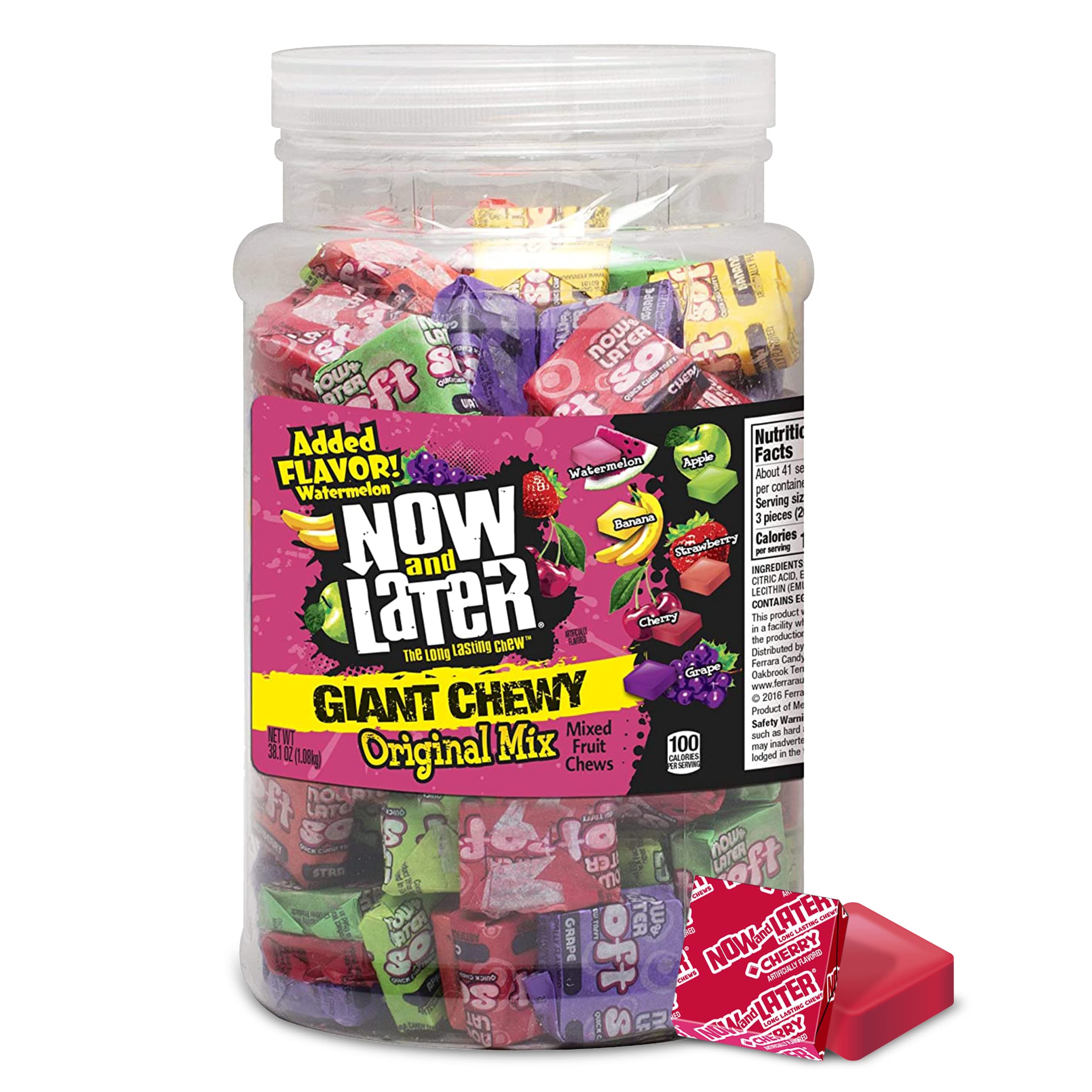 Now and Later Giant Chewy Original Mix Fruit Candy - 38oz Bulk Tub | Long-Lasting Chewy Candy for Parties, Halloween Treats & Office Snacks