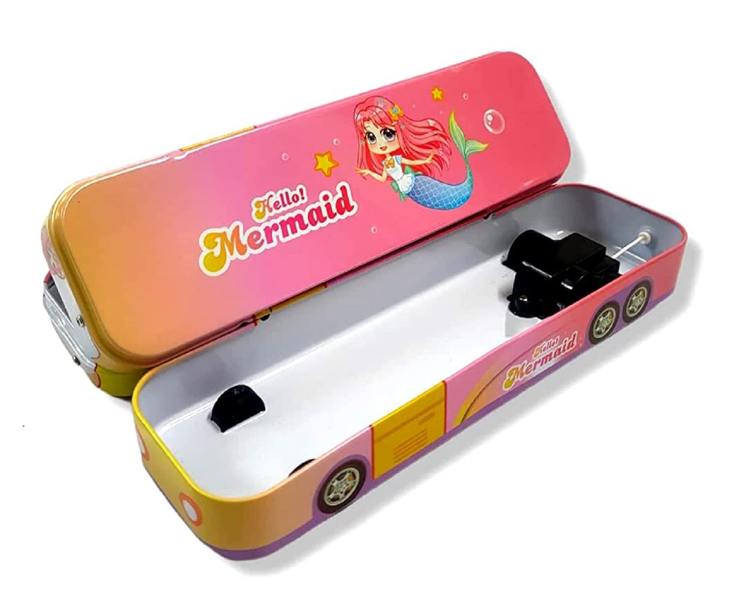 SUGAN Enterprises Hello Mermaid Bus-Shaped Pencil Case with Pull String Wheels - Cartoon Printed School Supply Box for Kids - Perfect for Classroom, Travel & Gift Giving