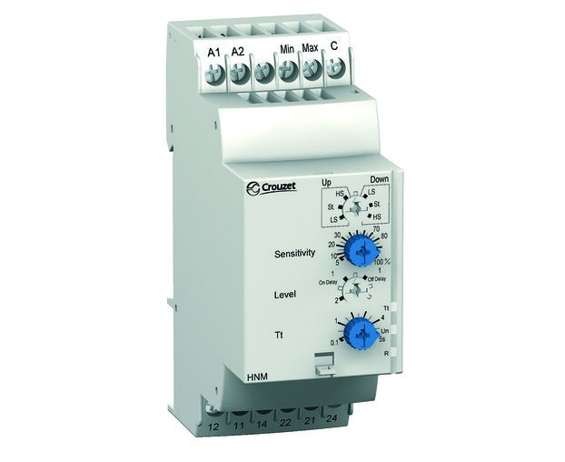 Liquid Level Control Relay 240VAC/24VAC-DC DPDT 5A 2-Level with Time Delay Adjustments - HNM 24 240V AC/DC - Ideal for Water Tanks, Pumps, and Industrial Liquid Control Systems