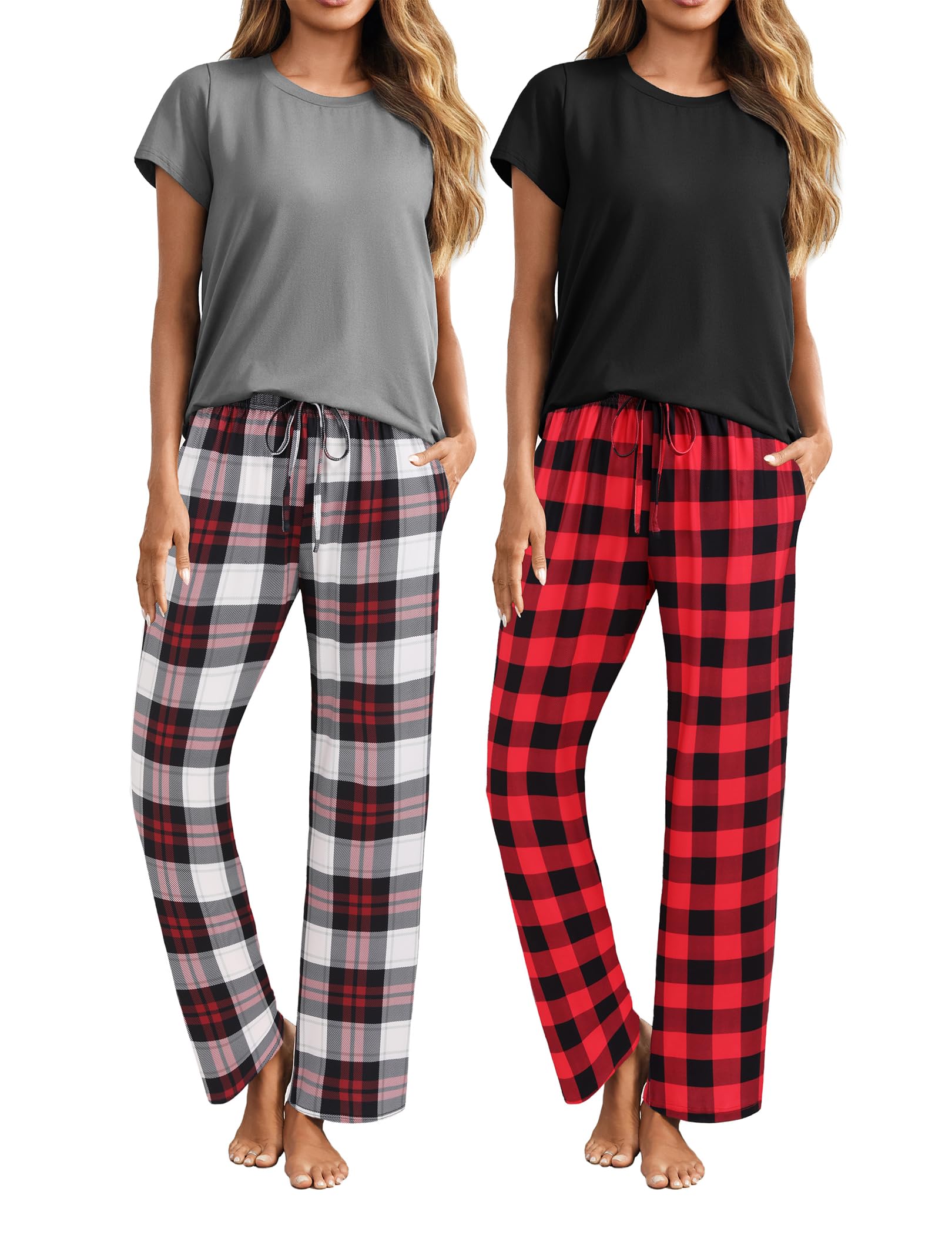 Ekouaer Women's 2-Pack Pajama Sets - Short Sleeve Sleepwear Top & Pants 4-Piece Lounge PJS with Pockets - Soft & Comfortable for Nightwear, Home Relaxing, and Travel