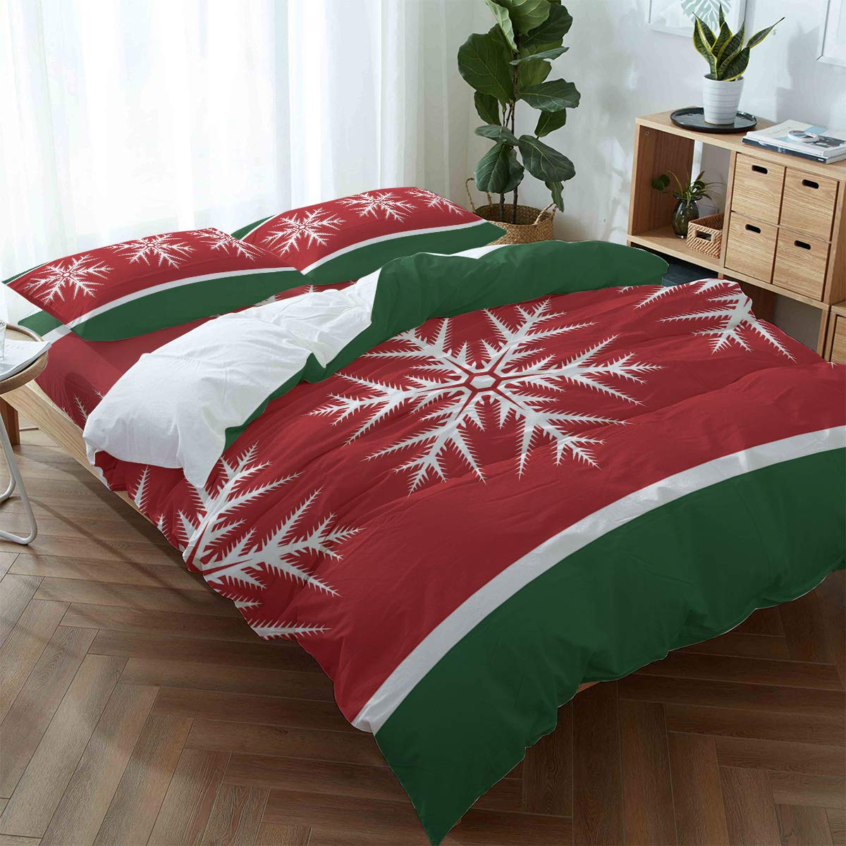 4-Piece Full Size Christmas Duvet Cover Set - Red & Green Snowflake Striped Luxury Soft Bedding (1 Duvet Cover + 1 Sheet + 2 Pillowcases) - Perfect for Winter Bedroom Decor & Holiday Home Styling