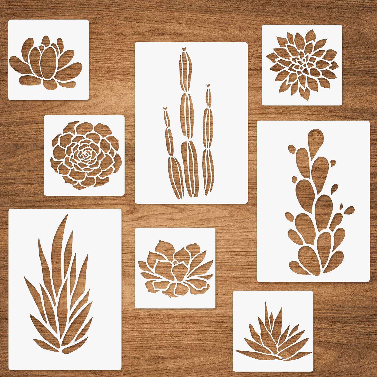 8 Pack Reusable Succulent & Cactus Plant Stencils for Wall Painting, Card Making, Wood Furniture, Nursery & Bedroom Decor - DIY Art Craft Templates for Home Projects