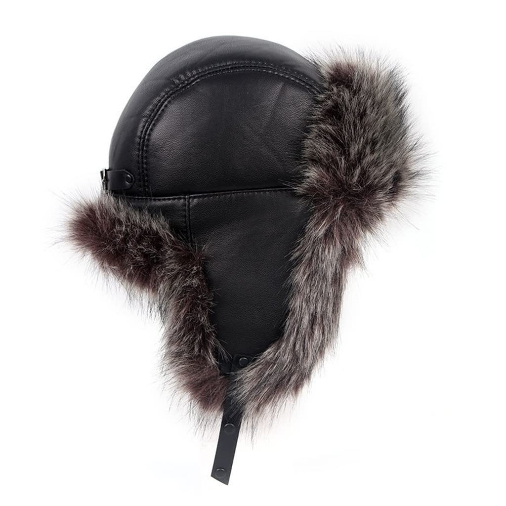 TWDYC Winter Leather Russian Hat for Women & Men - Soviet Bomber Style Snow Cap with Ear Flaps (56cm, Brown) - Perfect for Cold Weather & Outdoor Activities