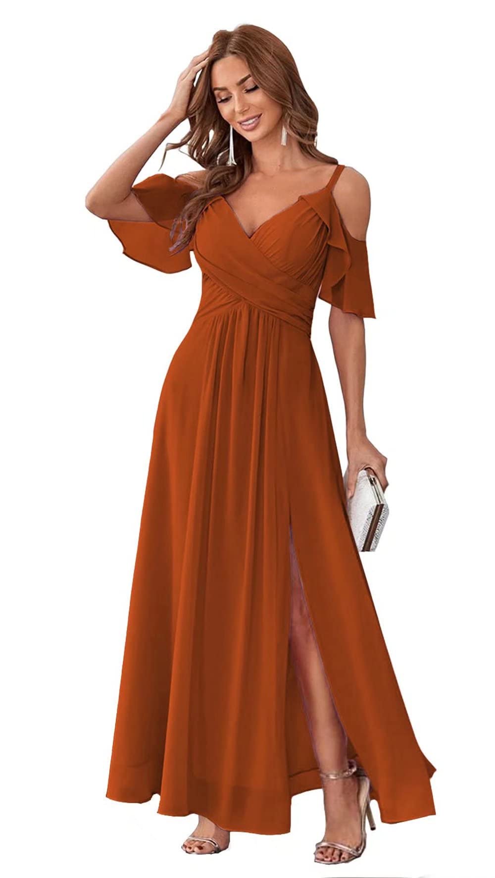 Elegant Cold Shoulder Chiffon Bridesmaid Dress with Long Ruffle Sleeves & High Slit - Women's Formal Party Gown for Weddings, Proms & Special Occasions