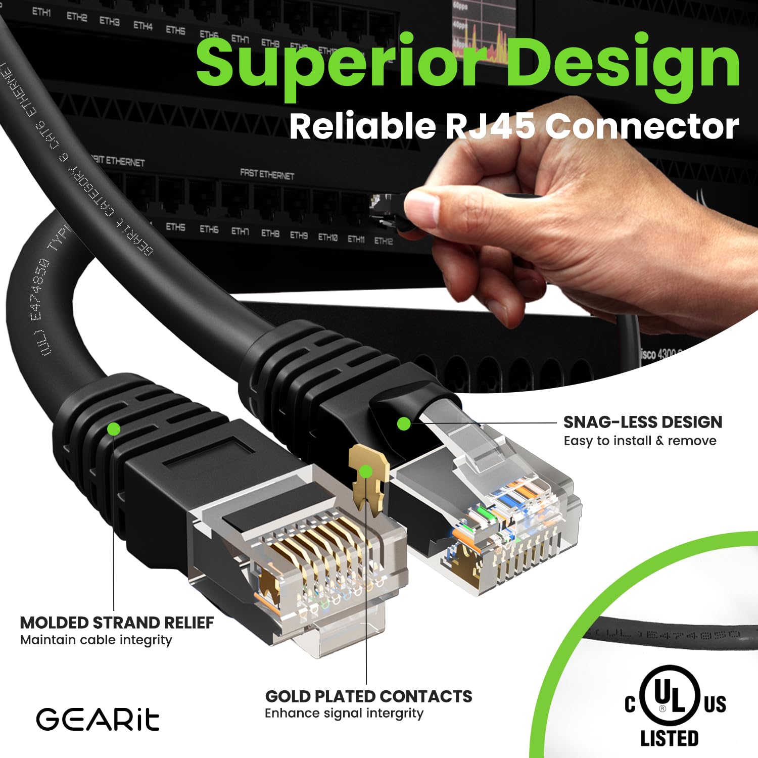 GearIT Cat 6 Ethernet Cable 20-Pack (25 Feet) - 10Gbps High-Speed Snagless RJ45 Network Patch Cord with Gold-Plated Connectors - for PC, Laptop, TV, Router, Gaming, Home Office & Data Center Networking - Black